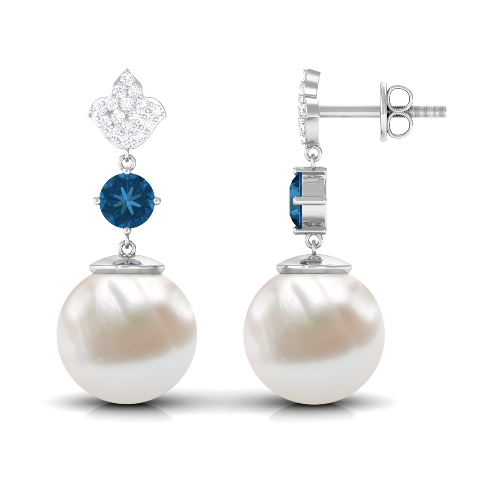 Arisha Jewels-White Pearl Drop Earrings with Blue Topaz and Diamond