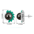 Arisha Jewels-Natural Certified Black Pearl Halo Stud Earrings with Emerald and Moissanite