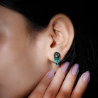 Arisha Jewels-Nature Inspired Black Pearl Stud Earrings with Emerald Leaf Motifs