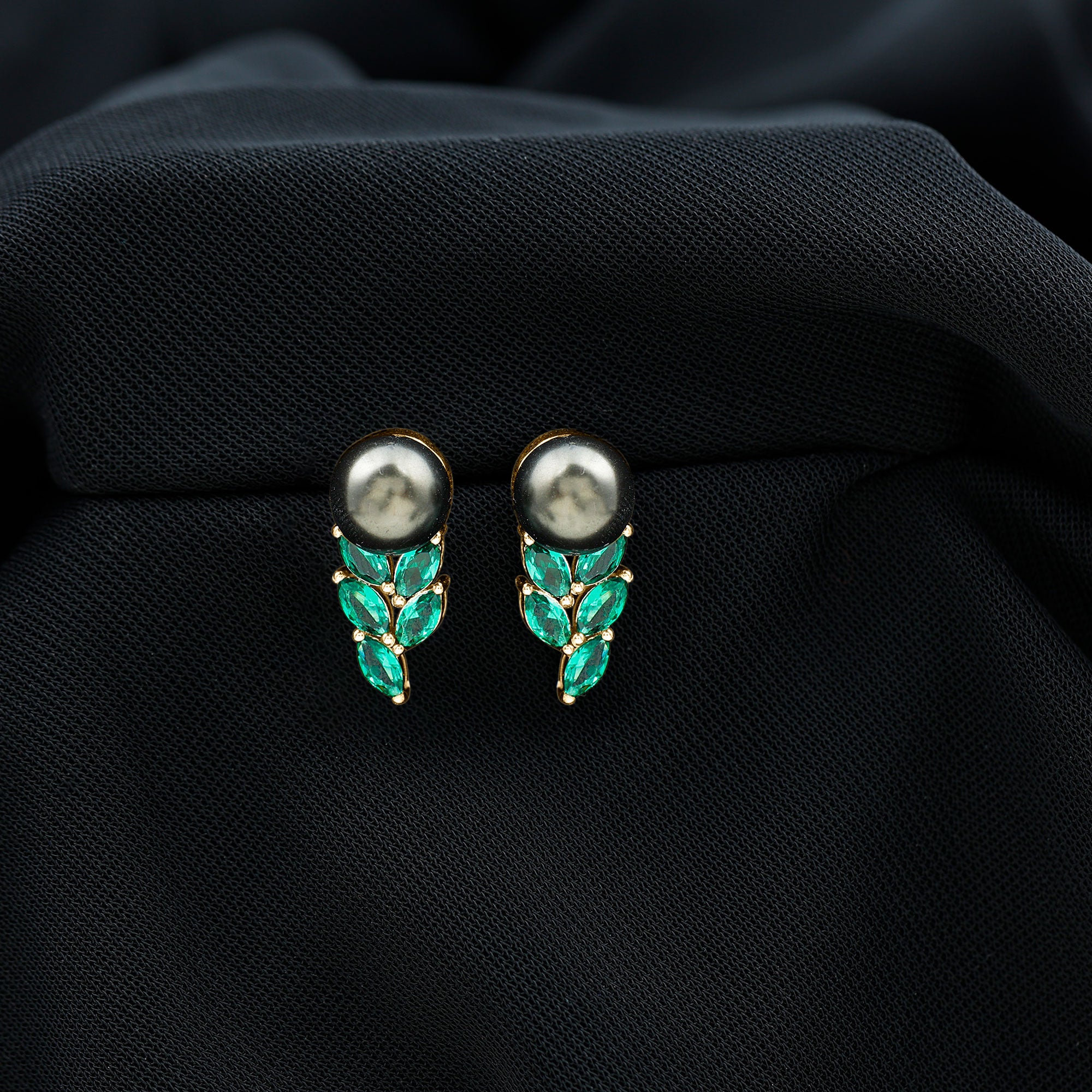 Arisha Jewels-Nature Inspired Black Pearl Stud Earrings with Emerald Leaf Motifs