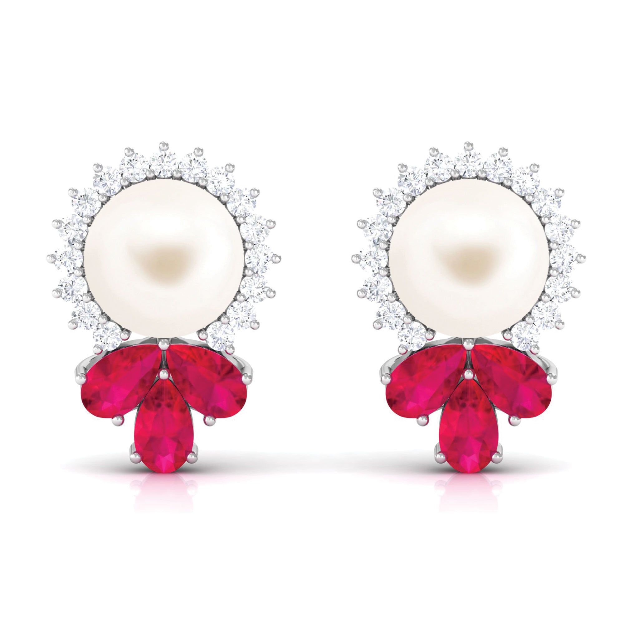 Arisha Jewels-Freshwater White Pearl Cocktail Stud Earrings with Ruby