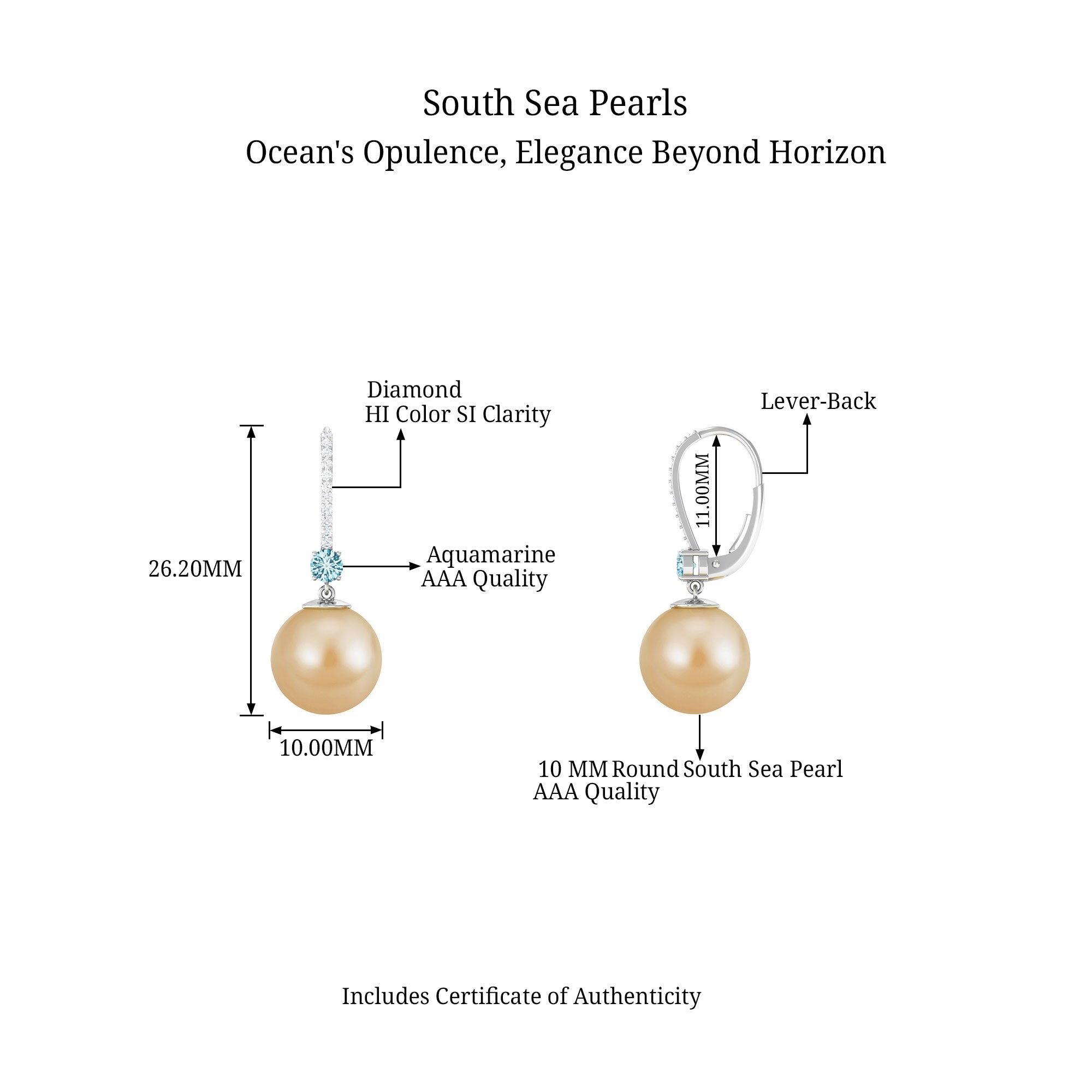 South Sea Pearl Drop Earrings with Aquamarine and Diamond South Sea Pearl-AAA Quality - Arisha Jewels