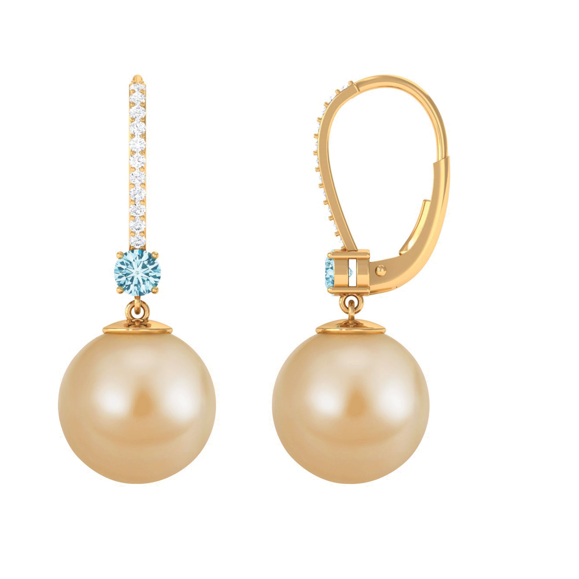 South Sea Pearl Drop Earrings with Aquamarine and Diamond South Sea Pearl-AAA Quality - Arisha Jewels