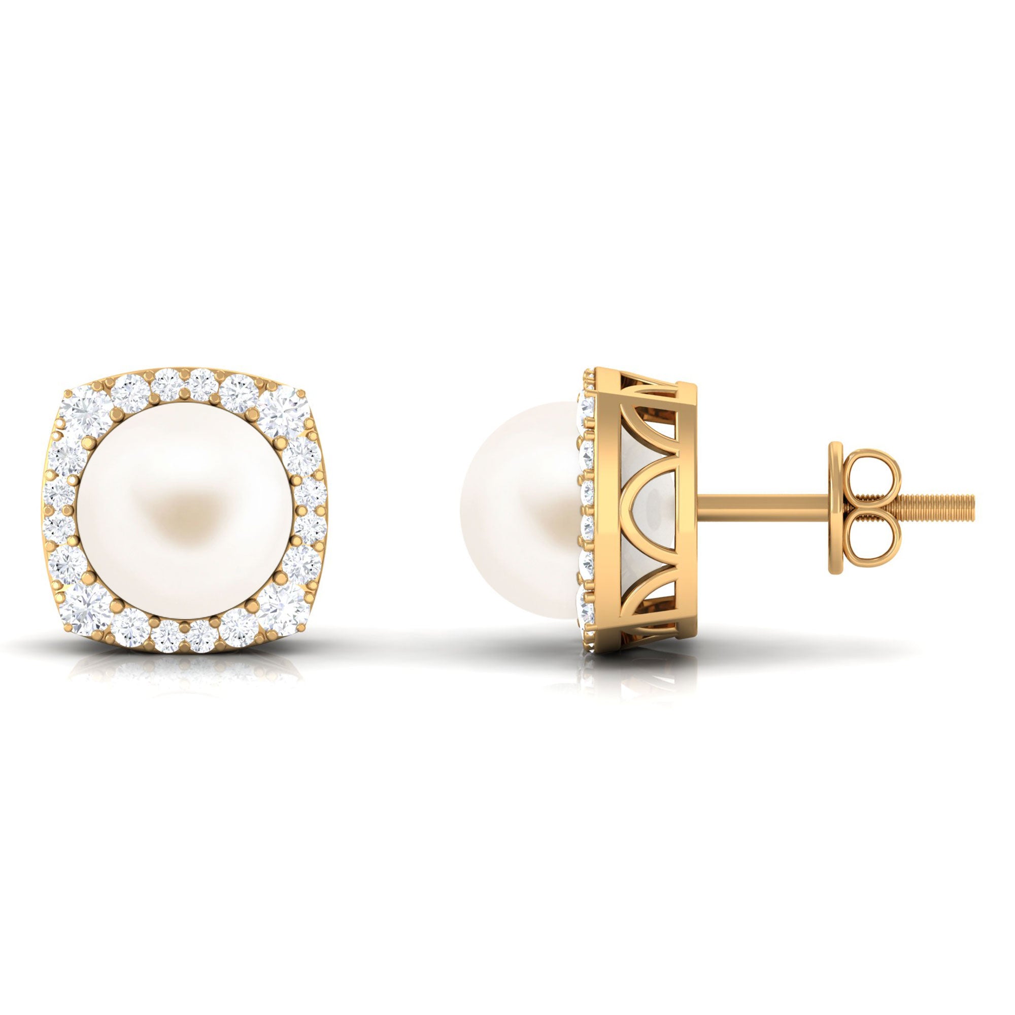 Arisha Jewels-Freshwater Pearl Stud Earrings with Diamond Halo