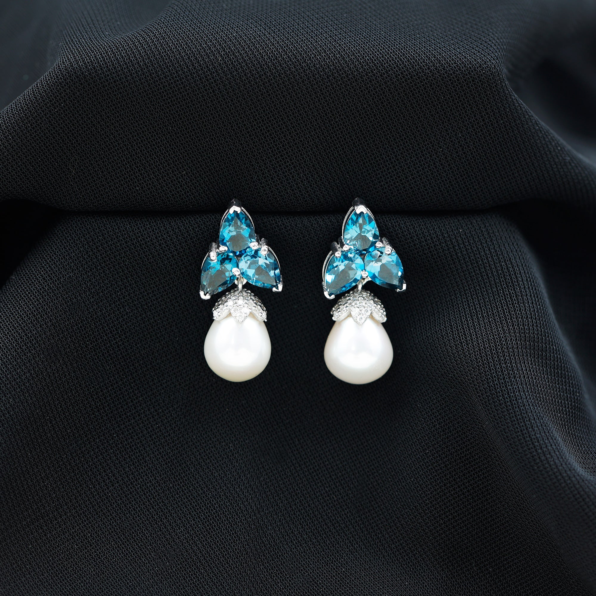 Freshwater Pearl Drop Earrings with Blue Topaz and Moissanite Freshwater Pearl - ( AAA ) - Quality 92.5 Sterling Silver - Arisha Jewels