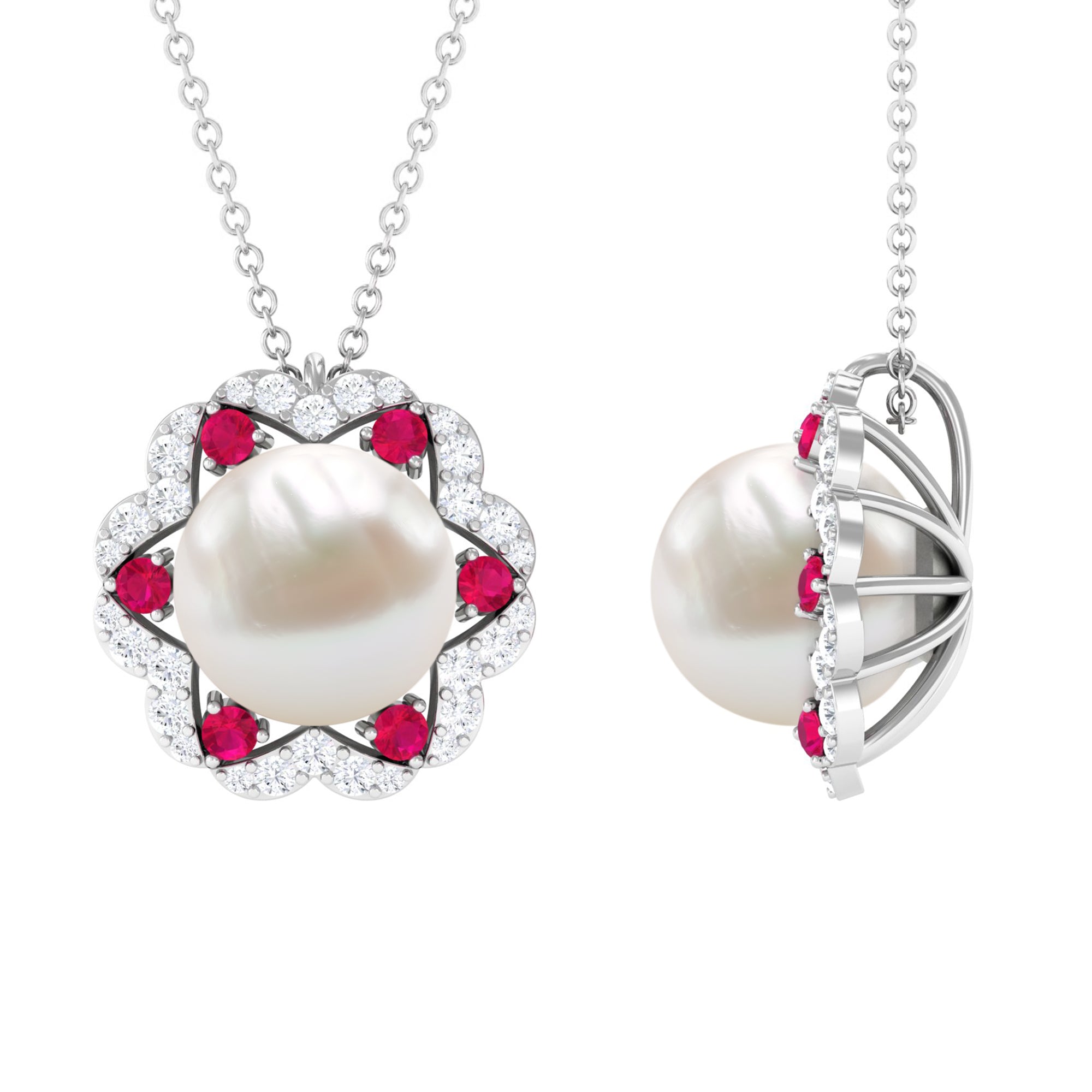 Arisha Jewels-White Freshwater Pearl Statement Pendant with Ruby and Diamond