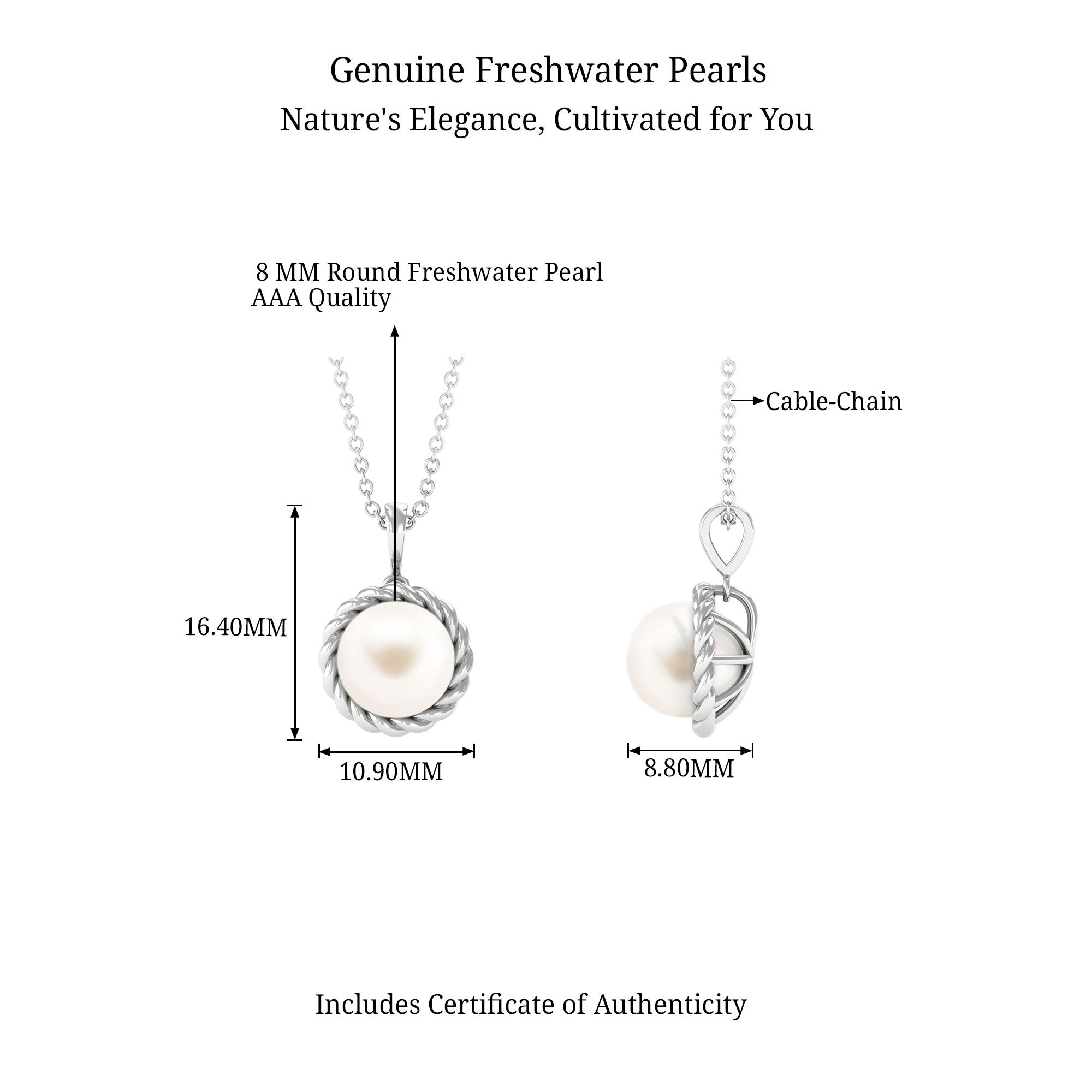 Arisha Jewels-Solitaire White Pearl Pendant in Twisted Rope Frame