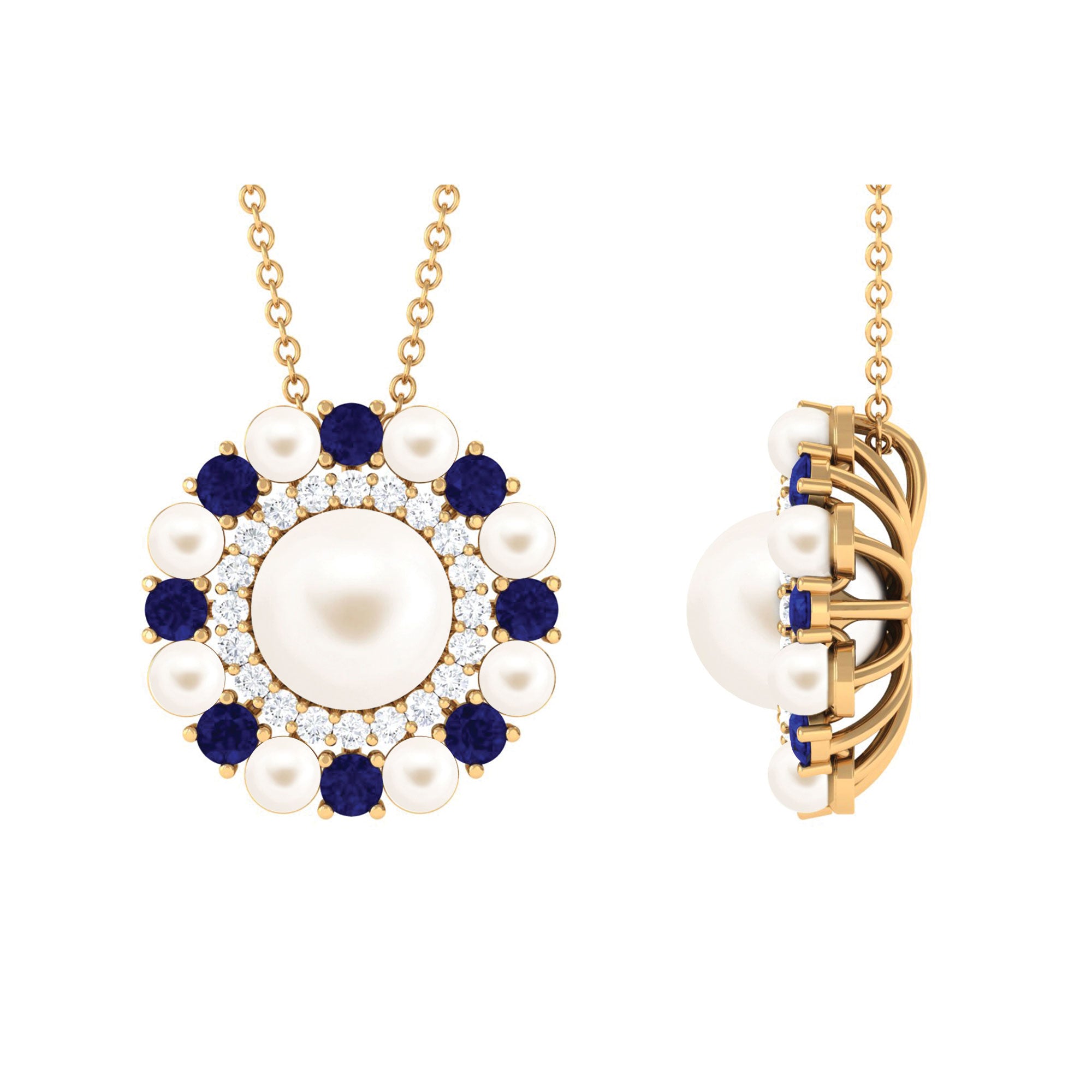 Arisha Jewels-Freshwater Pearl Statement Pendant Necklace with Sapphire and Diamond