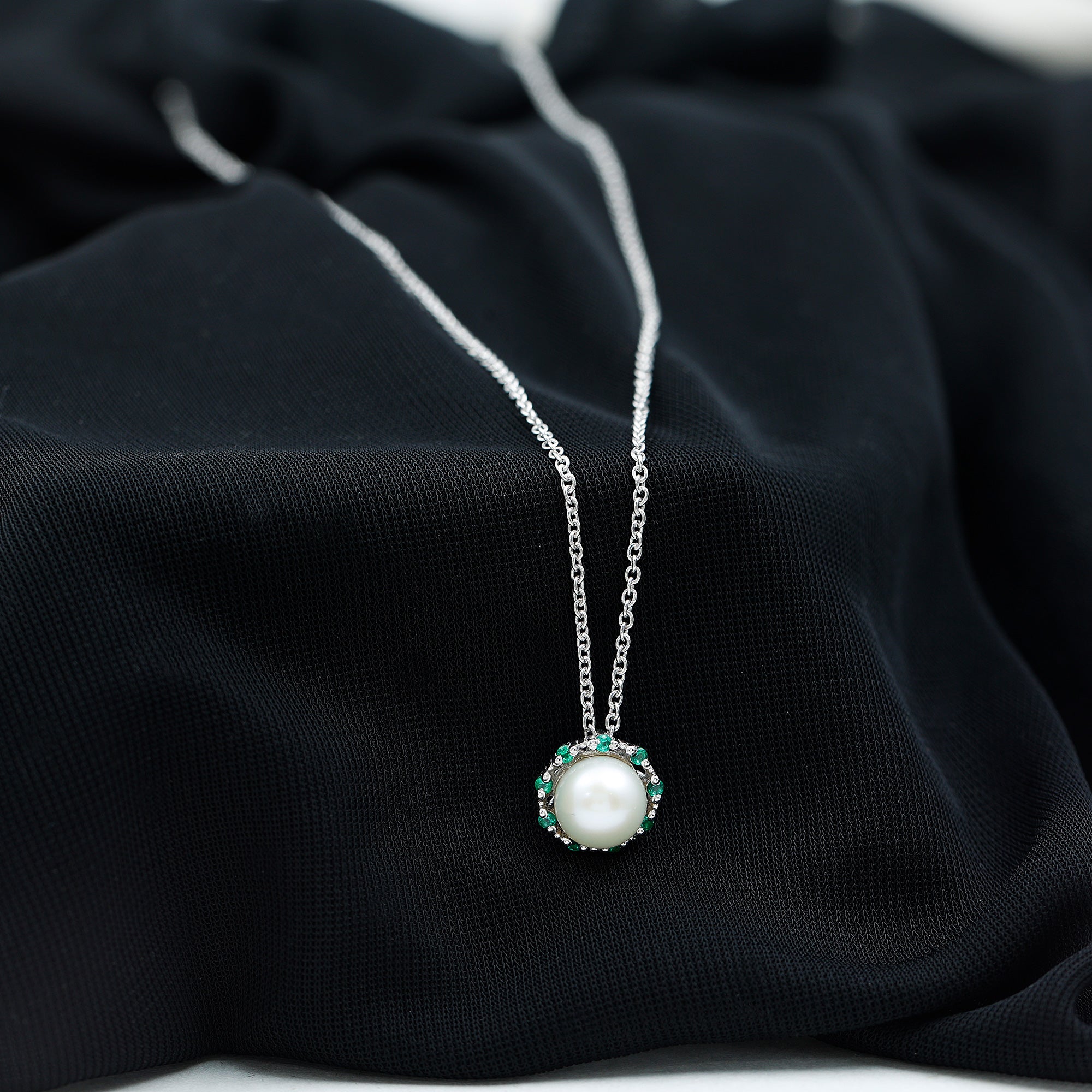 Vintage Style Freshwater Pearl Pendant with Created Emerald - Arisha Jewels