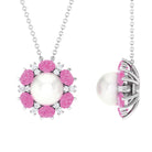 Arisha Jewels-Cultured Freshwater Pearl Flower Pendant Necklace with Lab Pink Sapphire and Moissanite