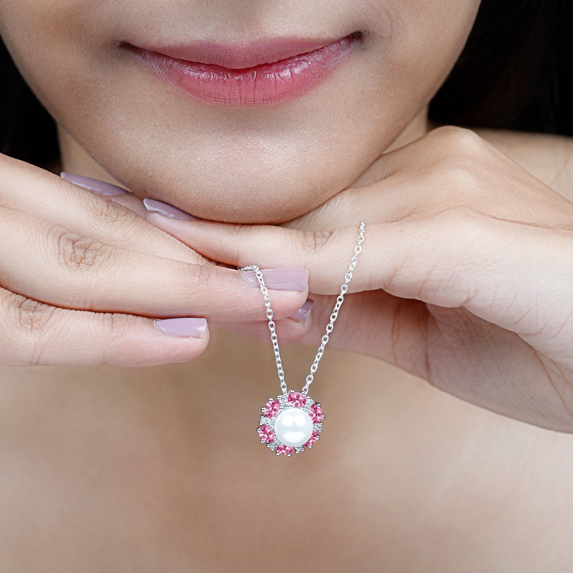 Arisha Jewels-Cultured Freshwater Pearl Flower Pendant Necklace with Lab Pink Sapphire and Moissanite