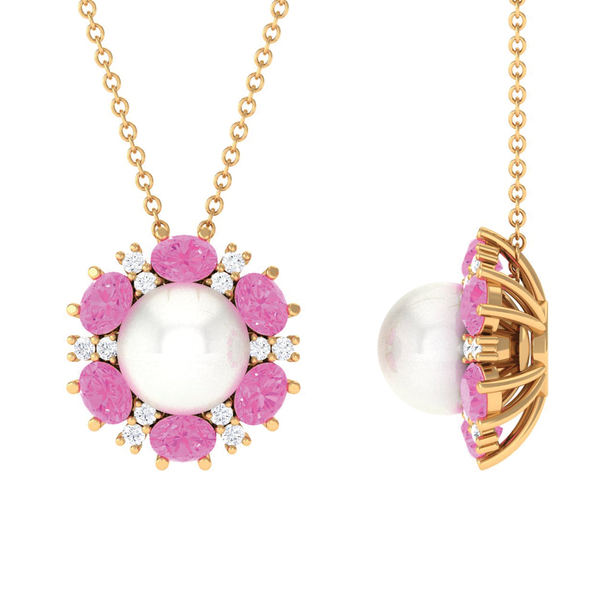 Arisha Jewels-Cultured Freshwater Pearl Flower Pendant Necklace with Lab Pink Sapphire and Moissanite