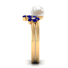 Arisha Jewels-Pearl Bridal Ring Set with Blue Sapphire Floral Enhancer