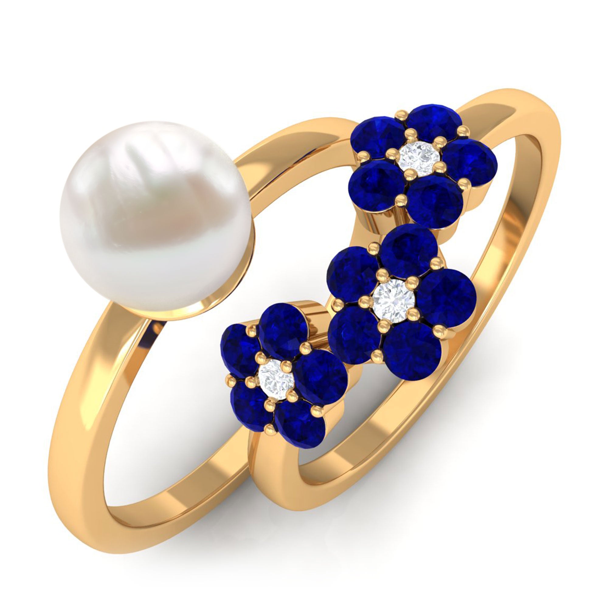 Arisha Jewels-Pearl Bridal Ring Set with Blue Sapphire Floral Enhancer