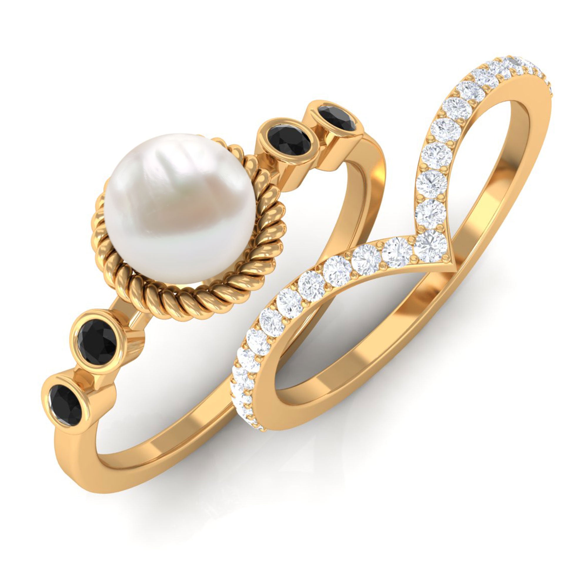 Arisha Jewels-Freshwater Pearl Bridal Ring Set of 2 with Black and White Diamond