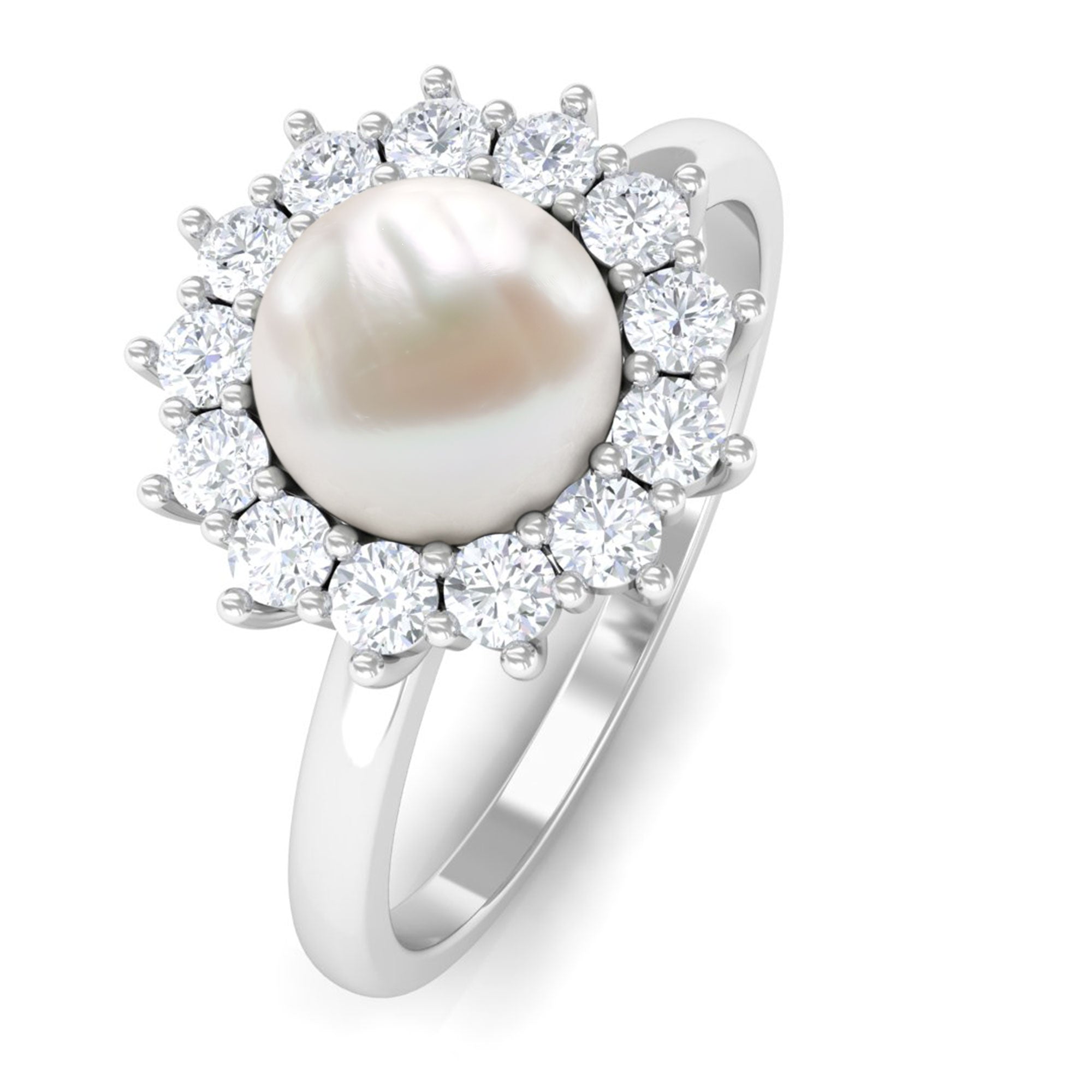 Arisha Jewels-Classic White Pearl Engagement Ring with Diamond Halo