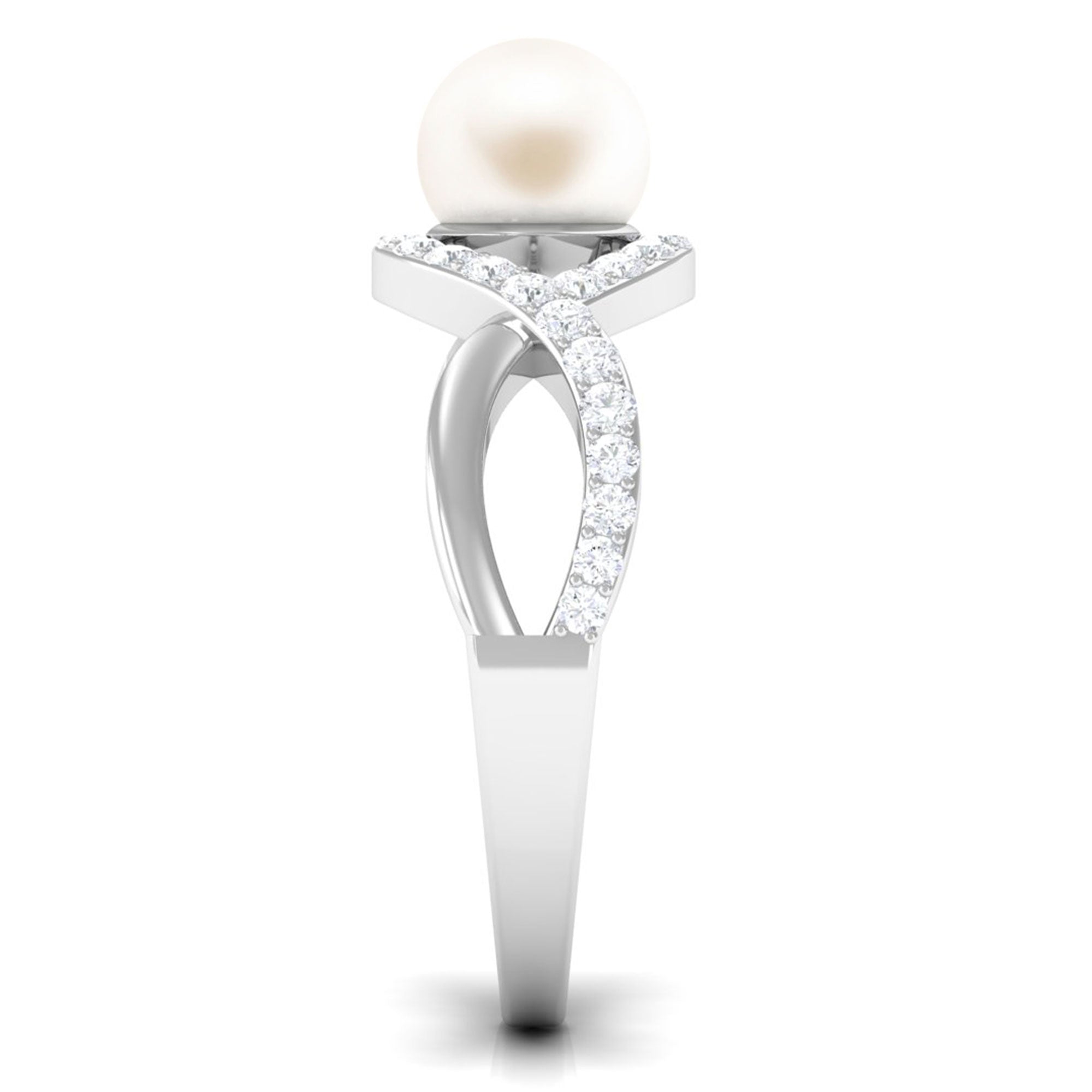 Arisha Jewels-White Pearl Crossover Engagement Ring with Diamond