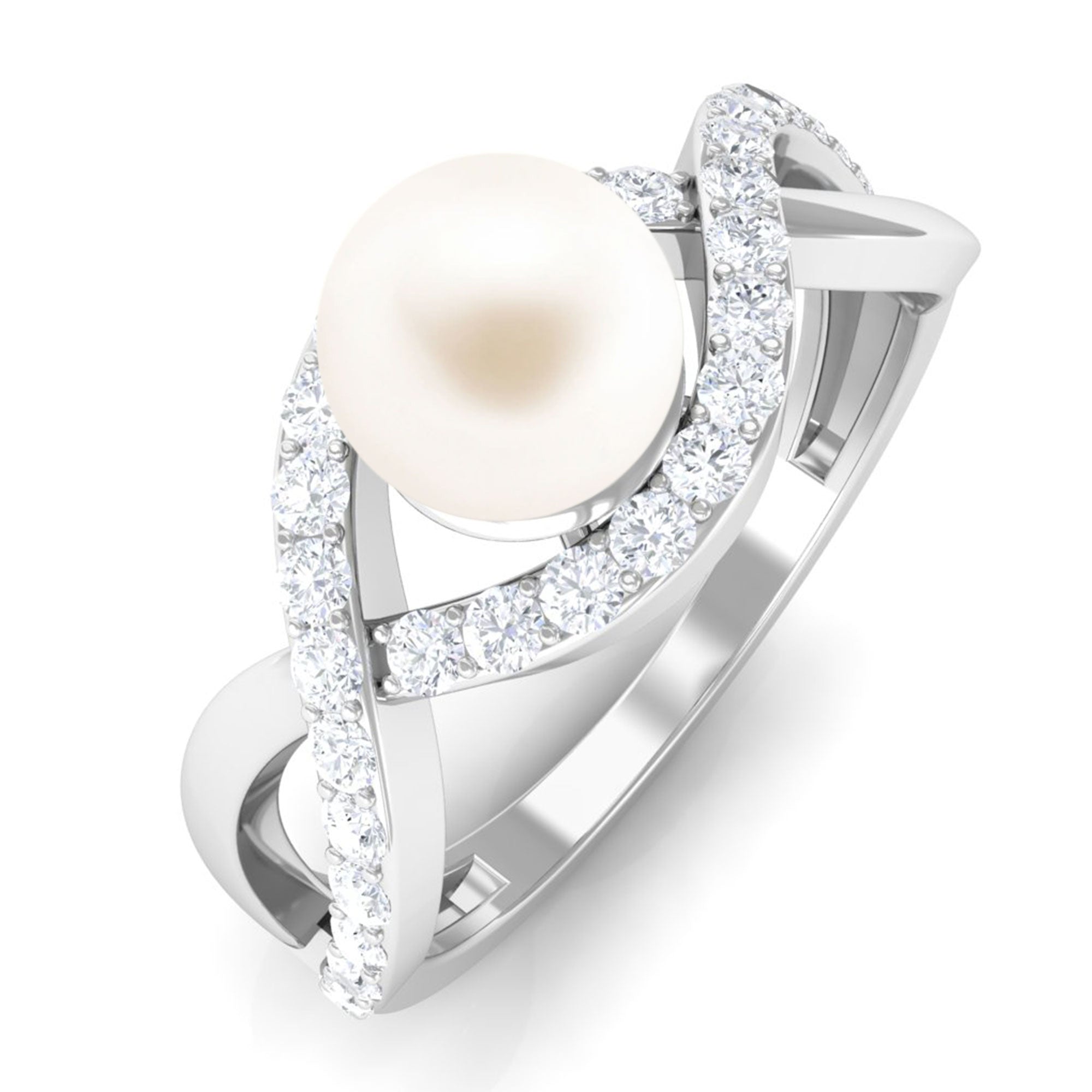 Arisha Jewels-White Pearl Crossover Engagement Ring with Diamond