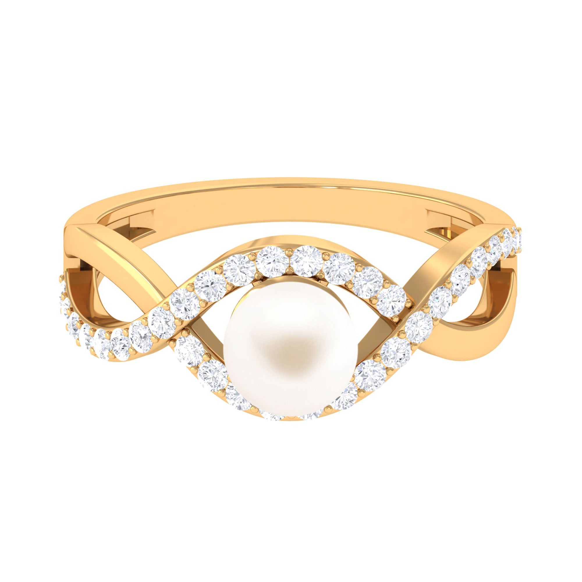 Arisha Jewels-White Pearl Crossover Engagement Ring with Diamond