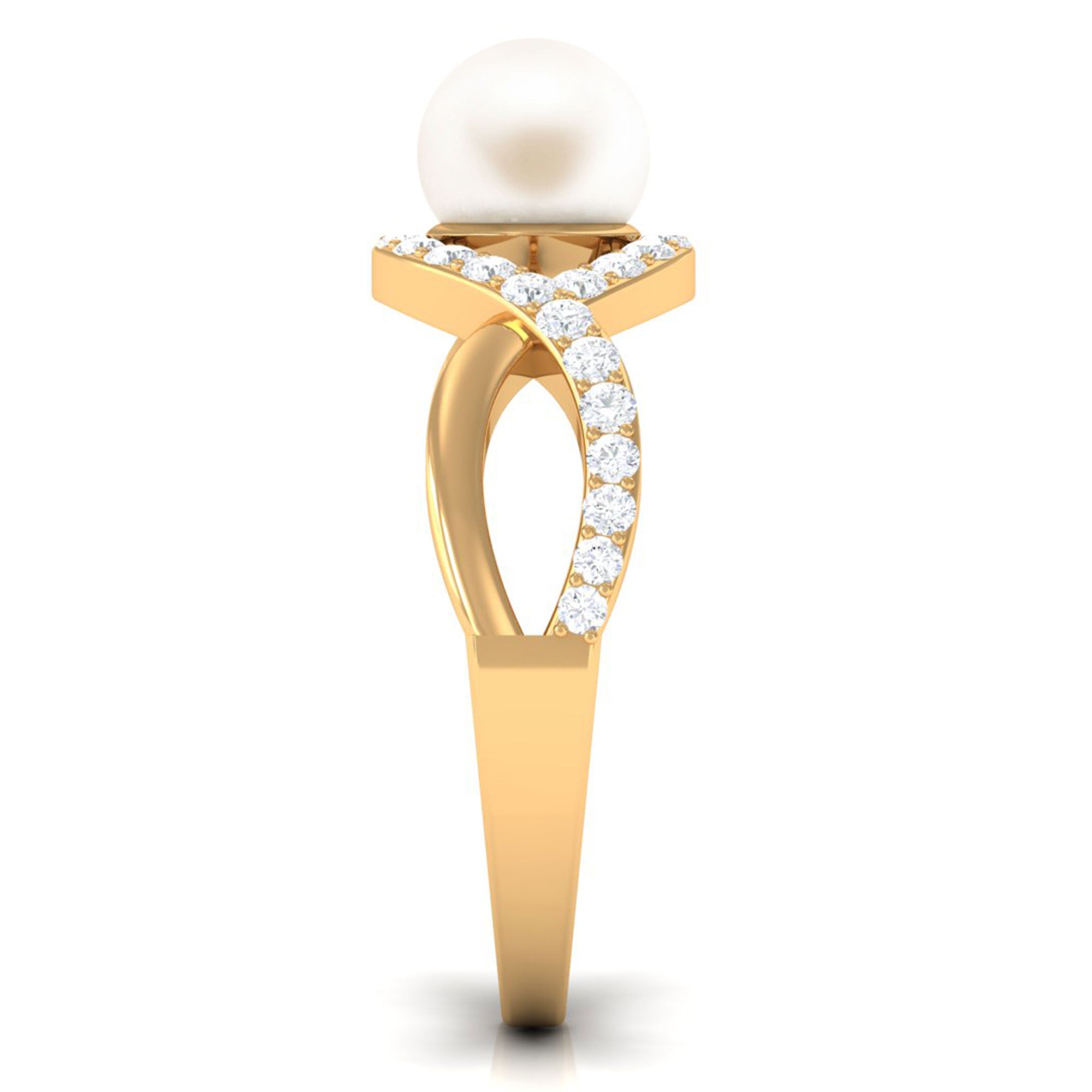 Arisha Jewels-White Pearl Crossover Engagement Ring with Diamond