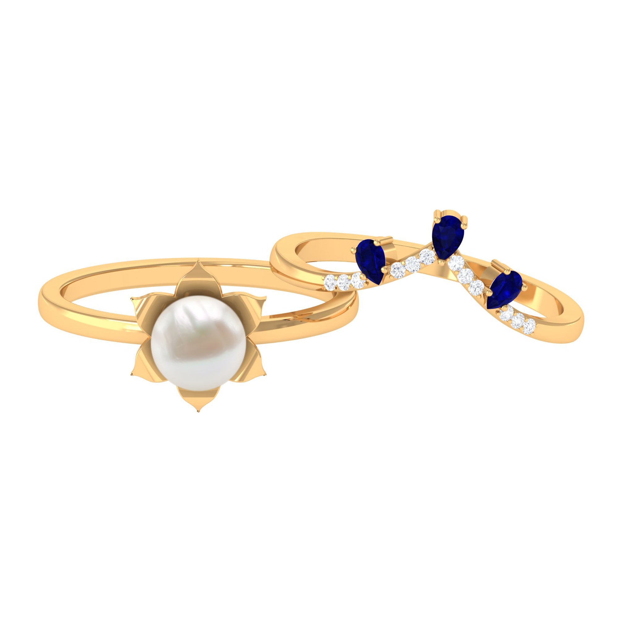 Arisha Jewels-Flower White Pearl Ring Set with V Shape Enhancer