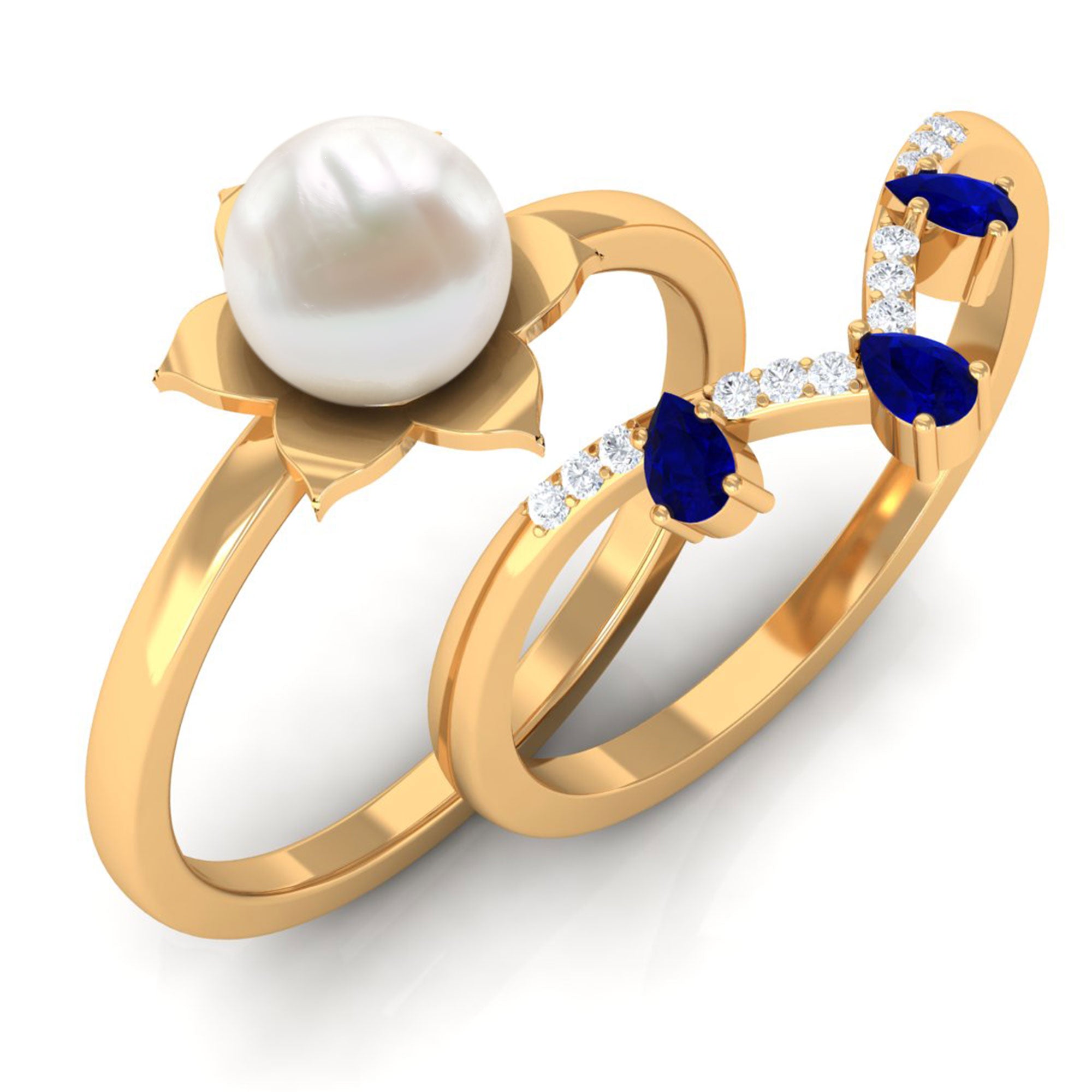 Arisha Jewels-Flower White Pearl Ring Set with V Shape Enhancer