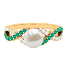 Solitaire Freshwater Pearl Infinity Ring with Emerald and Diamond Freshwater Pearl-AAAA Quality - Arisha Jewels