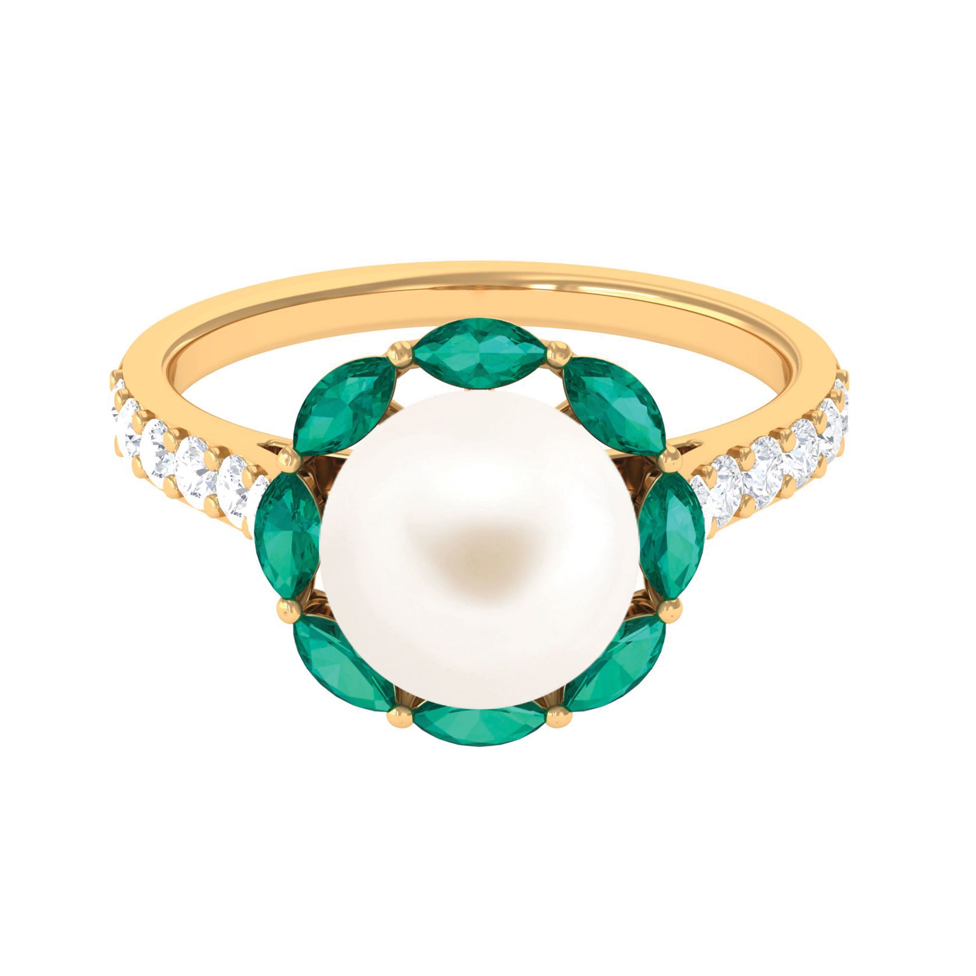 Freshwater Pearl and Emerald Cocktail Halo Engagement Ring with Diamond Freshwater Pearl-AAA Quality - Arisha Jewels