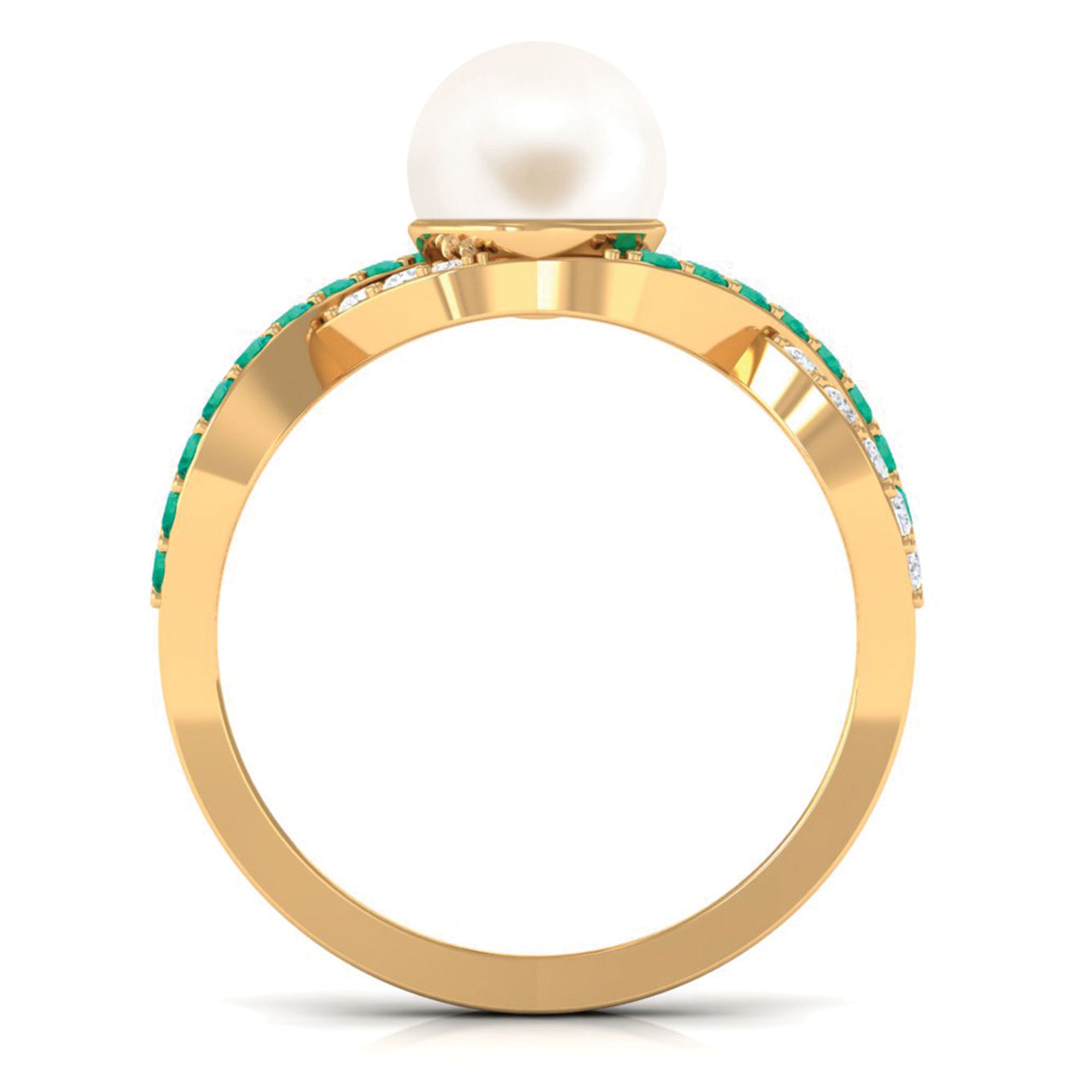 Solitaire Freshwater Pearl Infinity Ring with Emerald and Diamond Freshwater Pearl-AAA Quality - Arisha Jewels