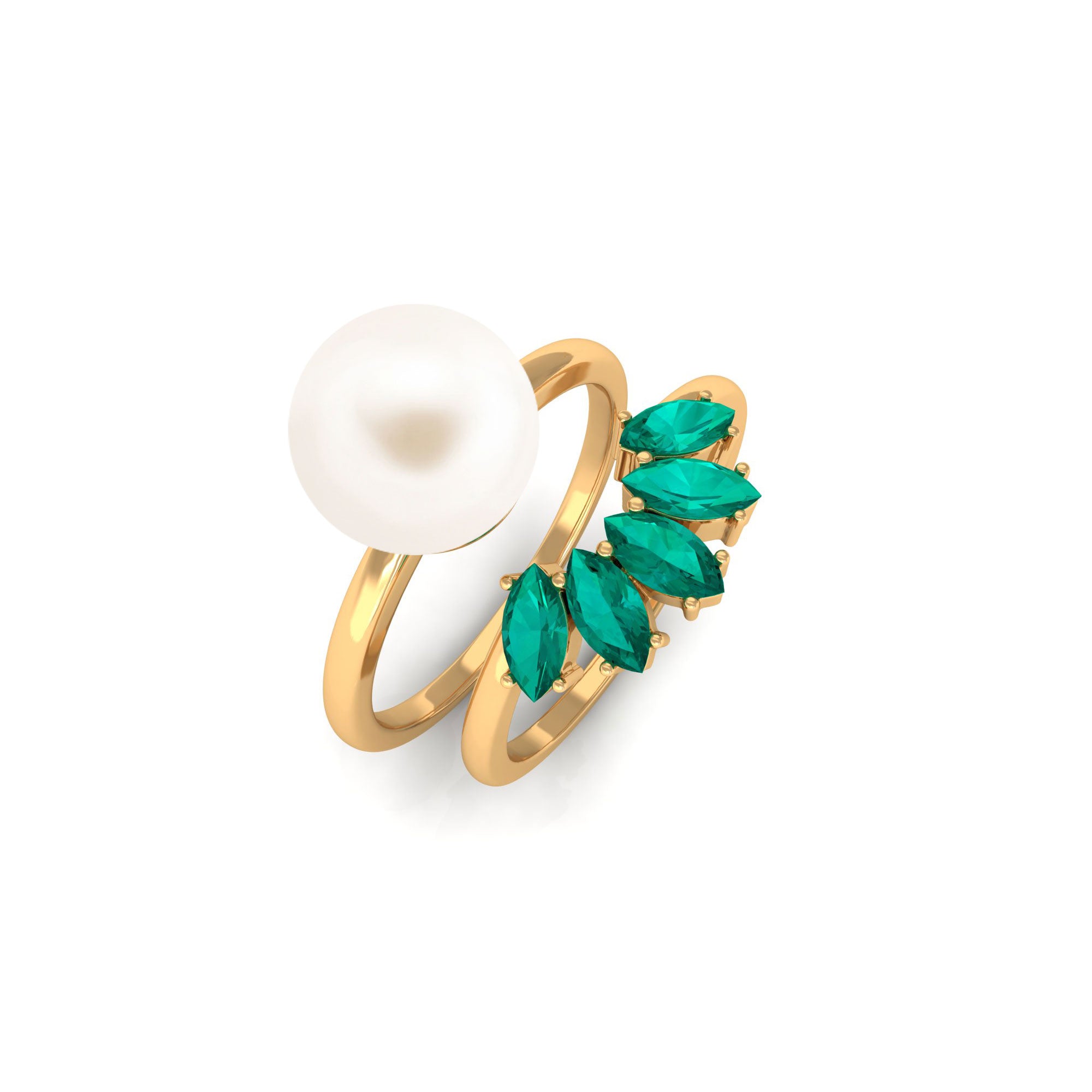 Arisha Jewels-White Pearl Solitaire Ring Set with Emerald