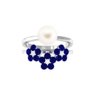 Arisha Jewels-Pearl Bridal Ring Set with Blue Sapphire Floral Enhancer