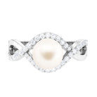 Arisha Jewels-White Pearl Crossover Engagement Ring with Diamond