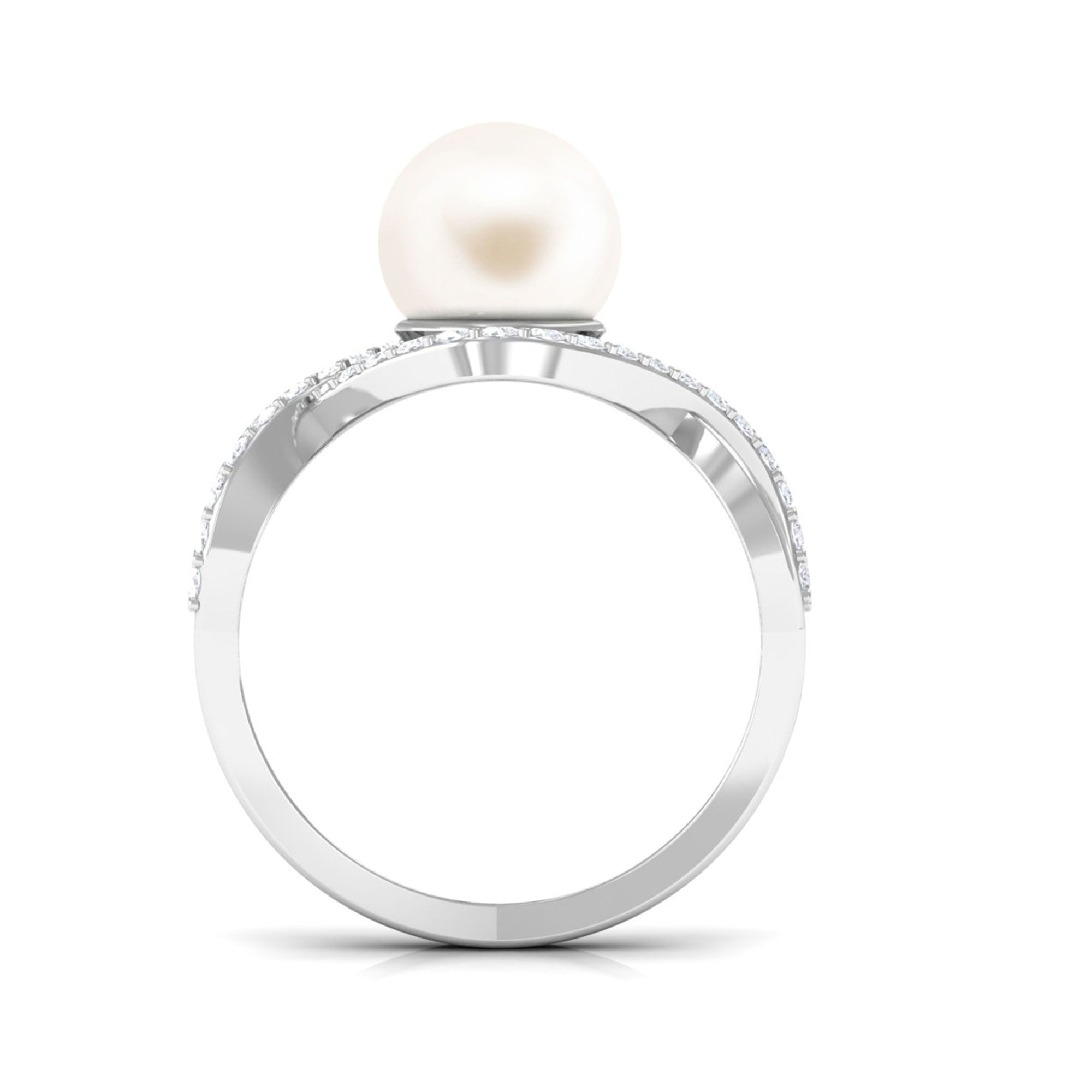 Arisha Jewels-White Pearl Crossover Engagement Ring with Diamond