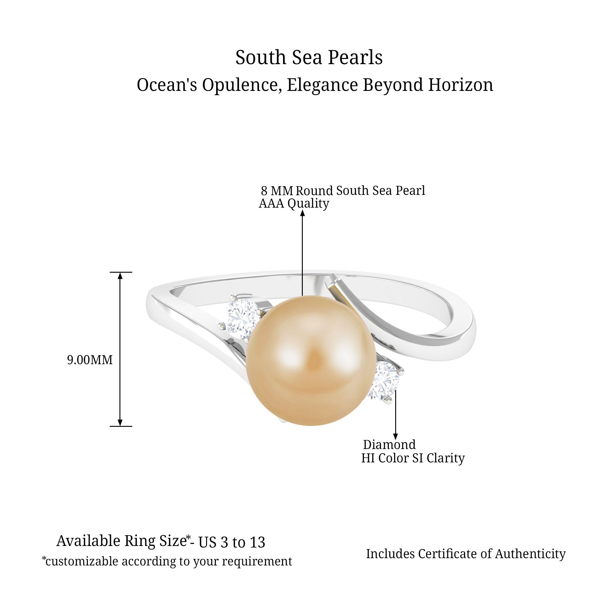 Arisha Jewels-Minimal South Sea Pearl Bypass Engagement Ring with Diamond