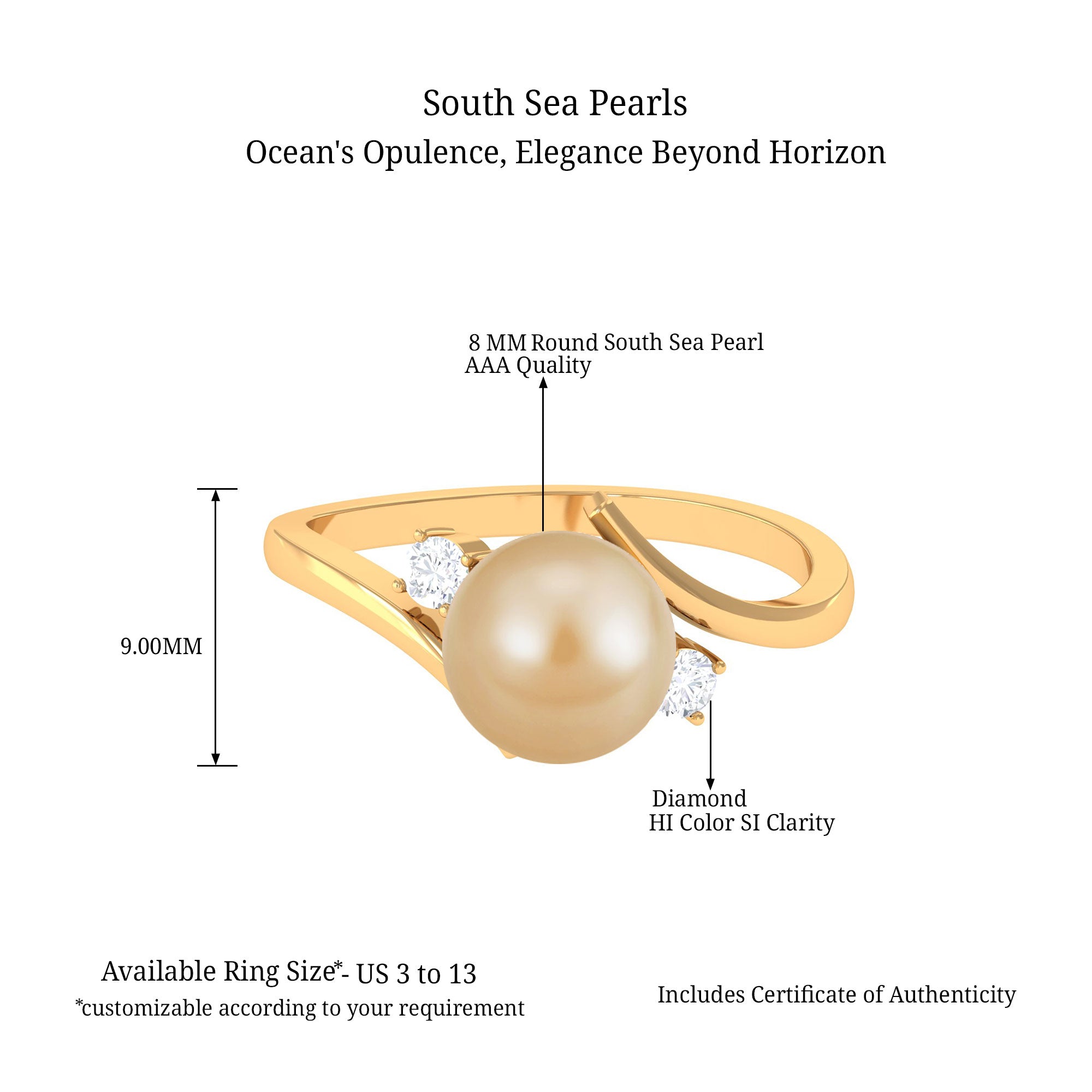 Arisha Jewels-Minimal South Sea Pearl Bypass Engagement Ring with Diamond