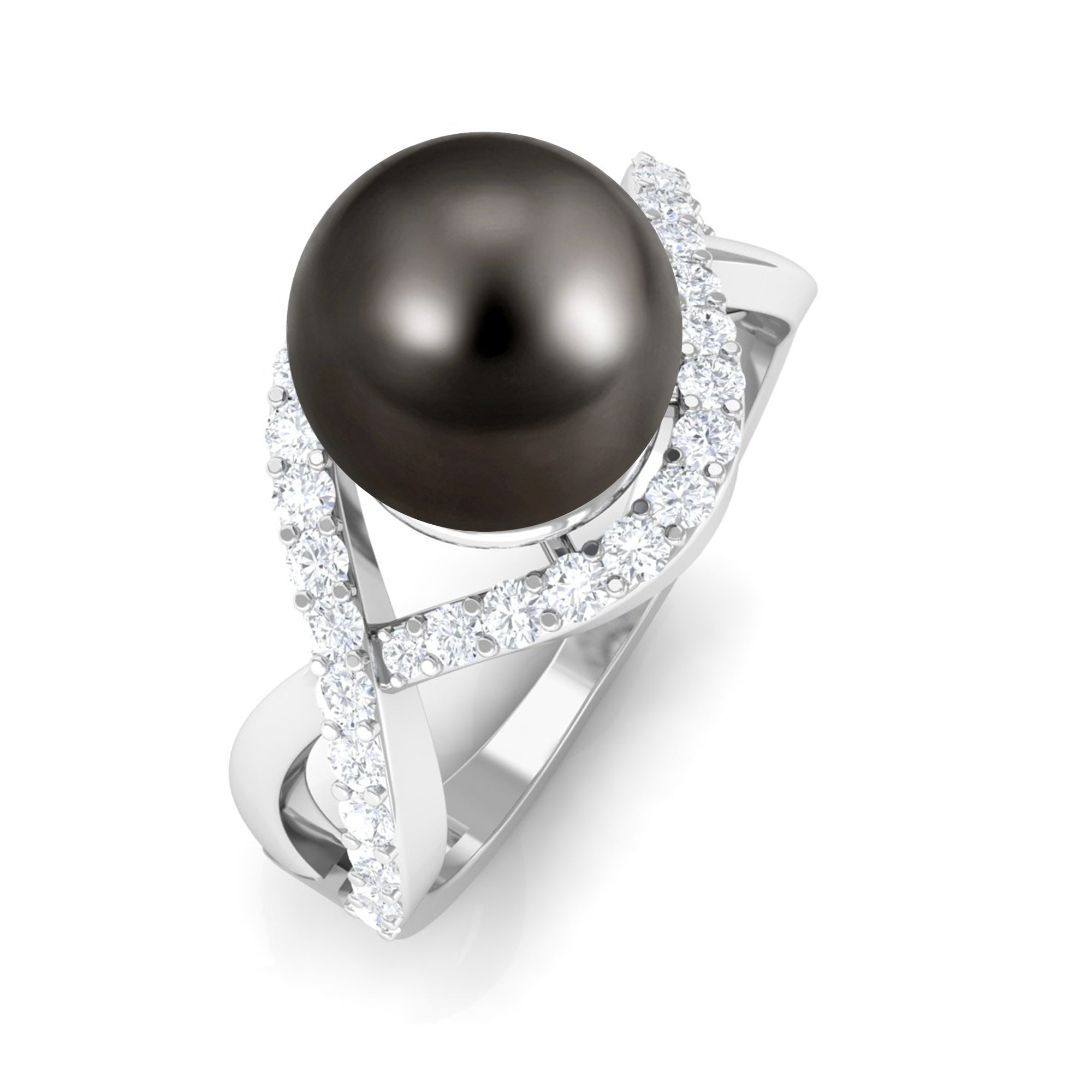 Arisha Jewels-Classic Tahitian Pearl Crossover Engagement Ring with Diamond