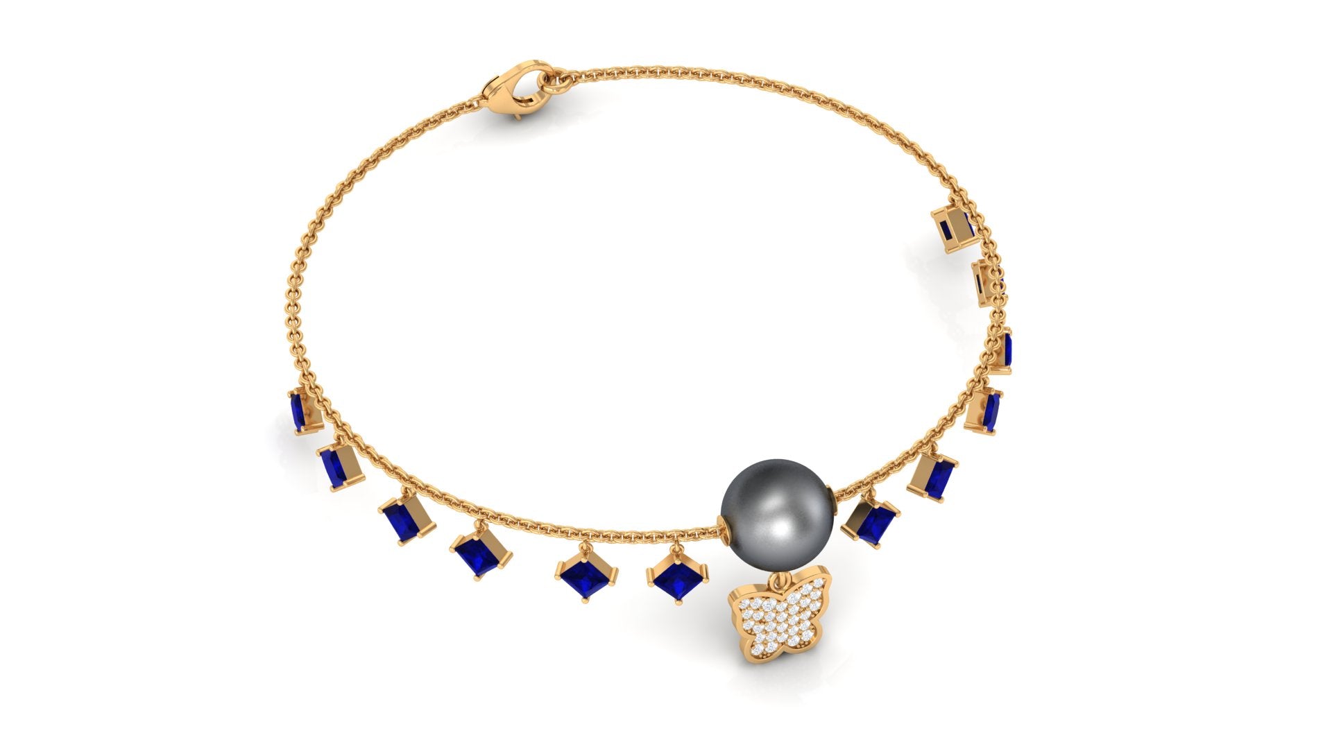 Tahitian Pearl Butterfly Charm Bracelet with Sapphire and Diamond Tahitian pearl-AAAA Quality - Arisha Jewels