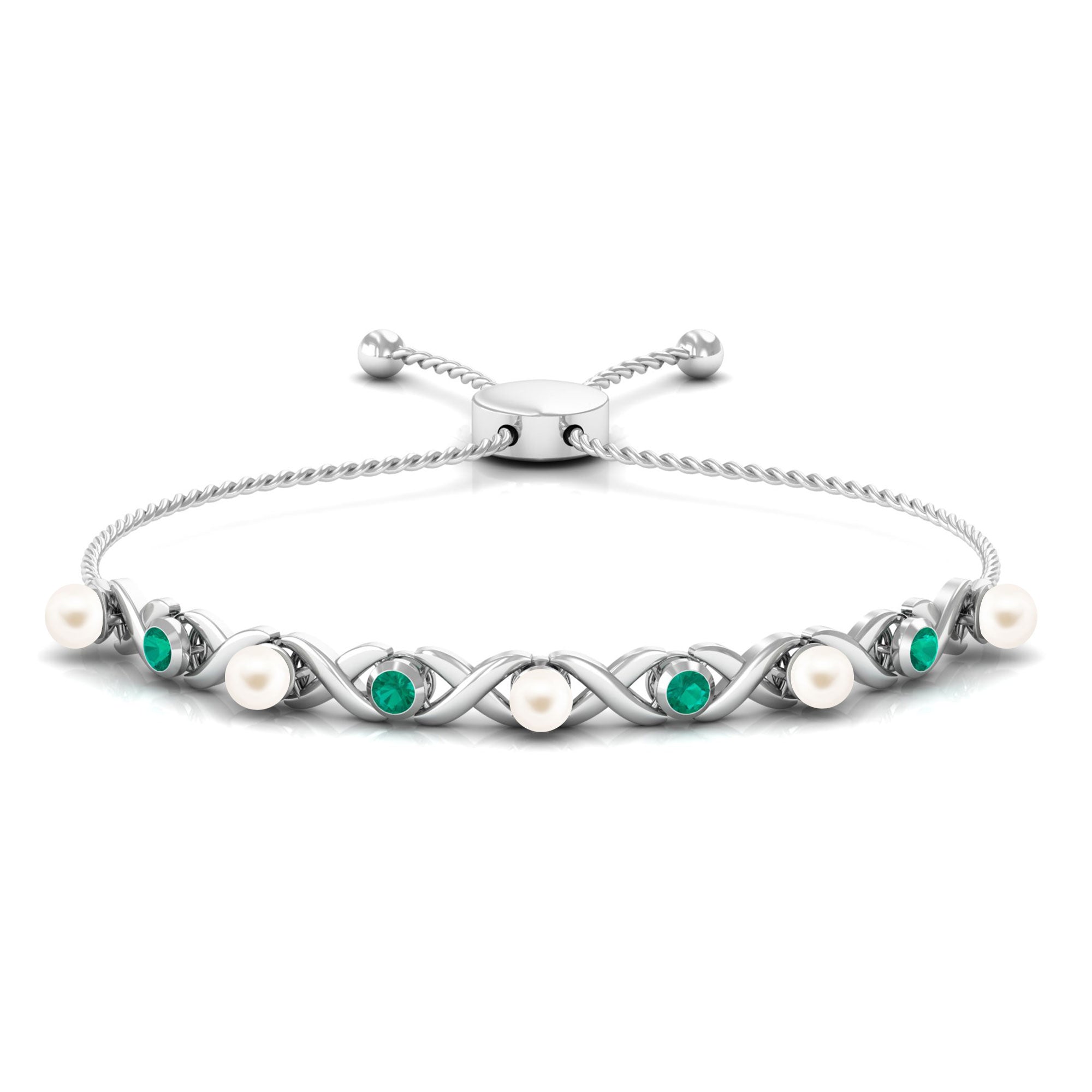 Cultured White Pearl Infinity Bolo Bracelet with Emerald Freshwater Pearl-AAAA Quality - Arisha Jewels