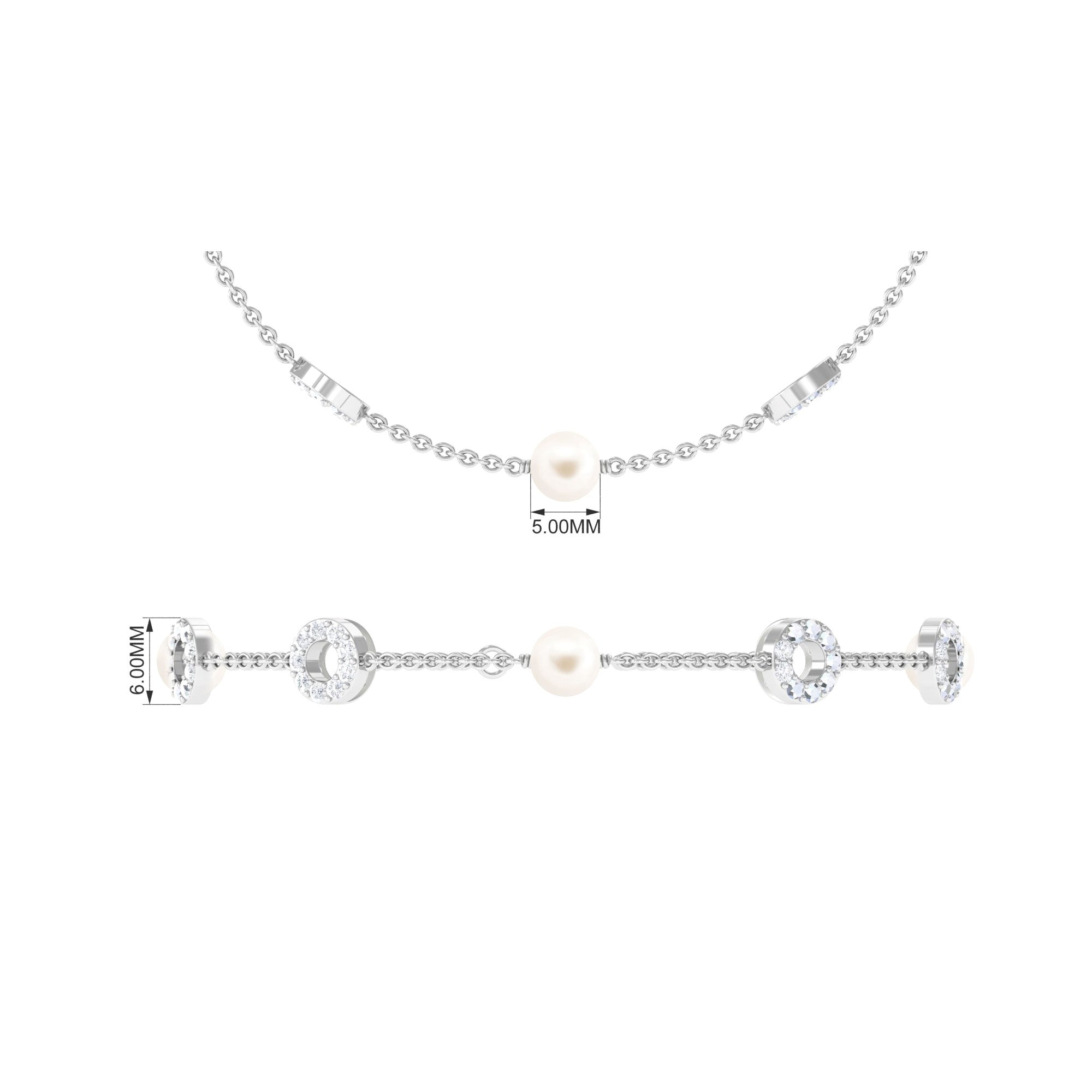 Minimal Freshwater Pearl Station Chain Bracelet with Diamond Freshwater Pearl-AAAA Quality - Arisha Jewels