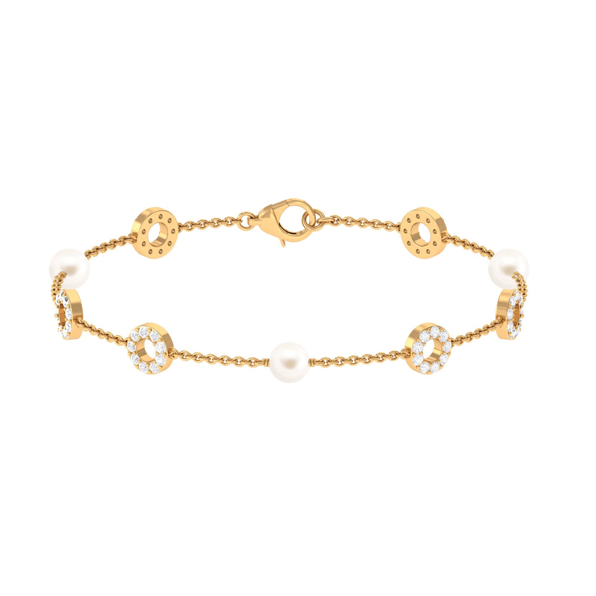 Minimal Freshwater Pearl Station Chain Bracelet with Diamond Freshwater Pearl-AAA Quality - Arisha Jewels