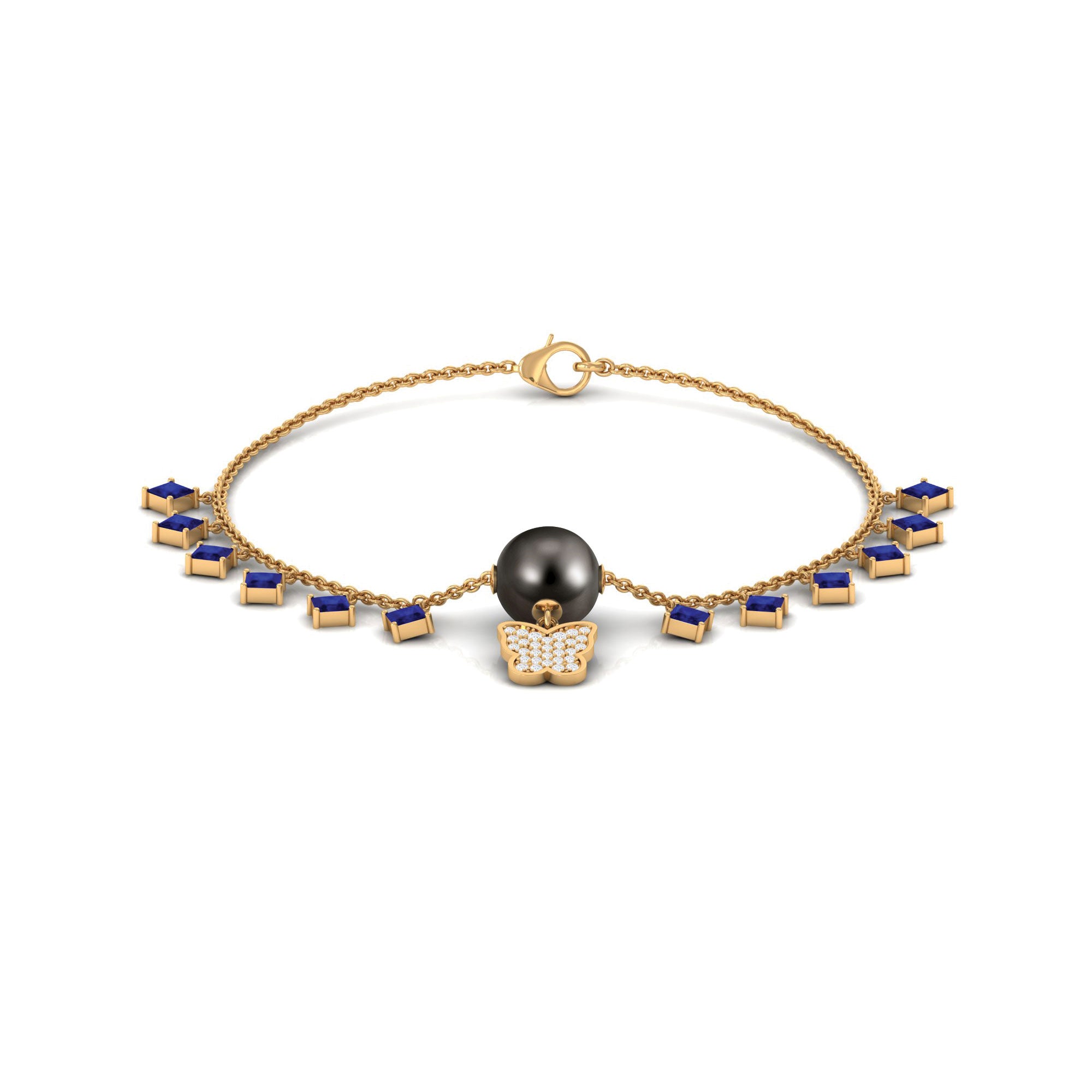 Tahitian Pearl Butterfly Charm Bracelet with Sapphire and Diamond Tahitian pearl-AAA Quality - Arisha Jewels