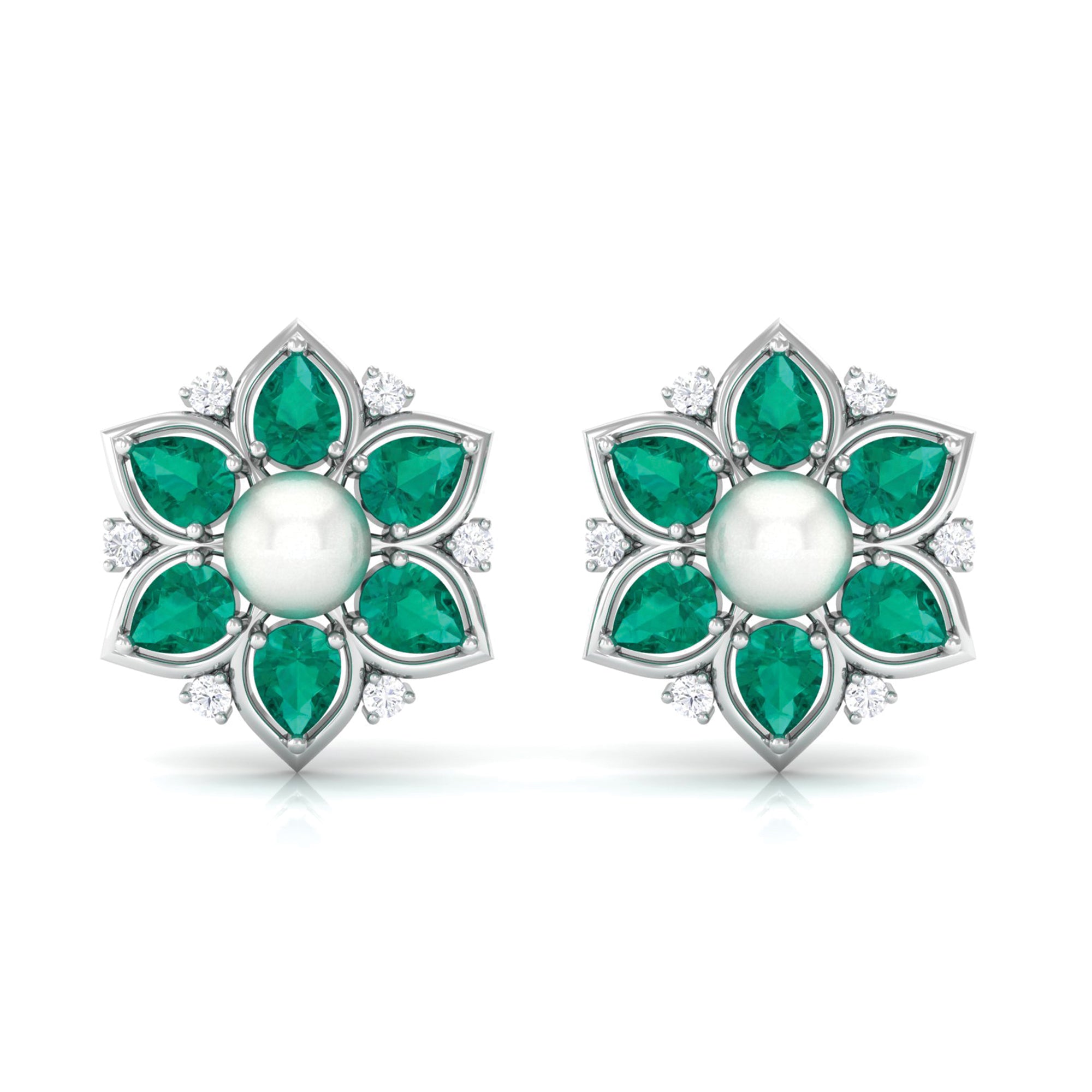 Flower Inspired Freshwater Pearl Stud Earrings with Emerald Freshwater Pearl-AAAA Quality 5 MM - Arisha Jewels