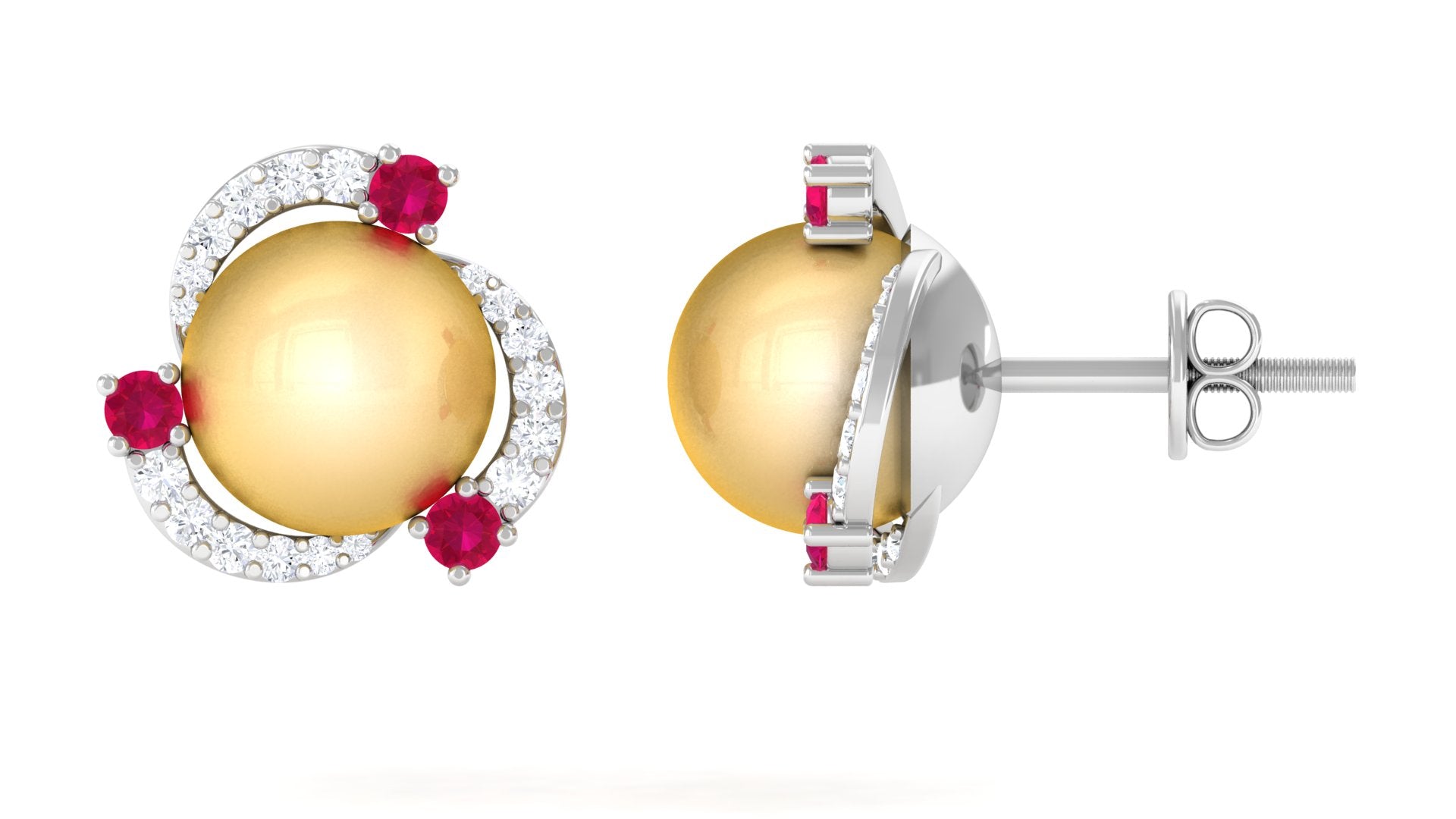 Round South Sea Pearl Swirl Stud Earrings with Ruby and Diamond South Sea Pearl-AAAA Quality - Arisha Jewels