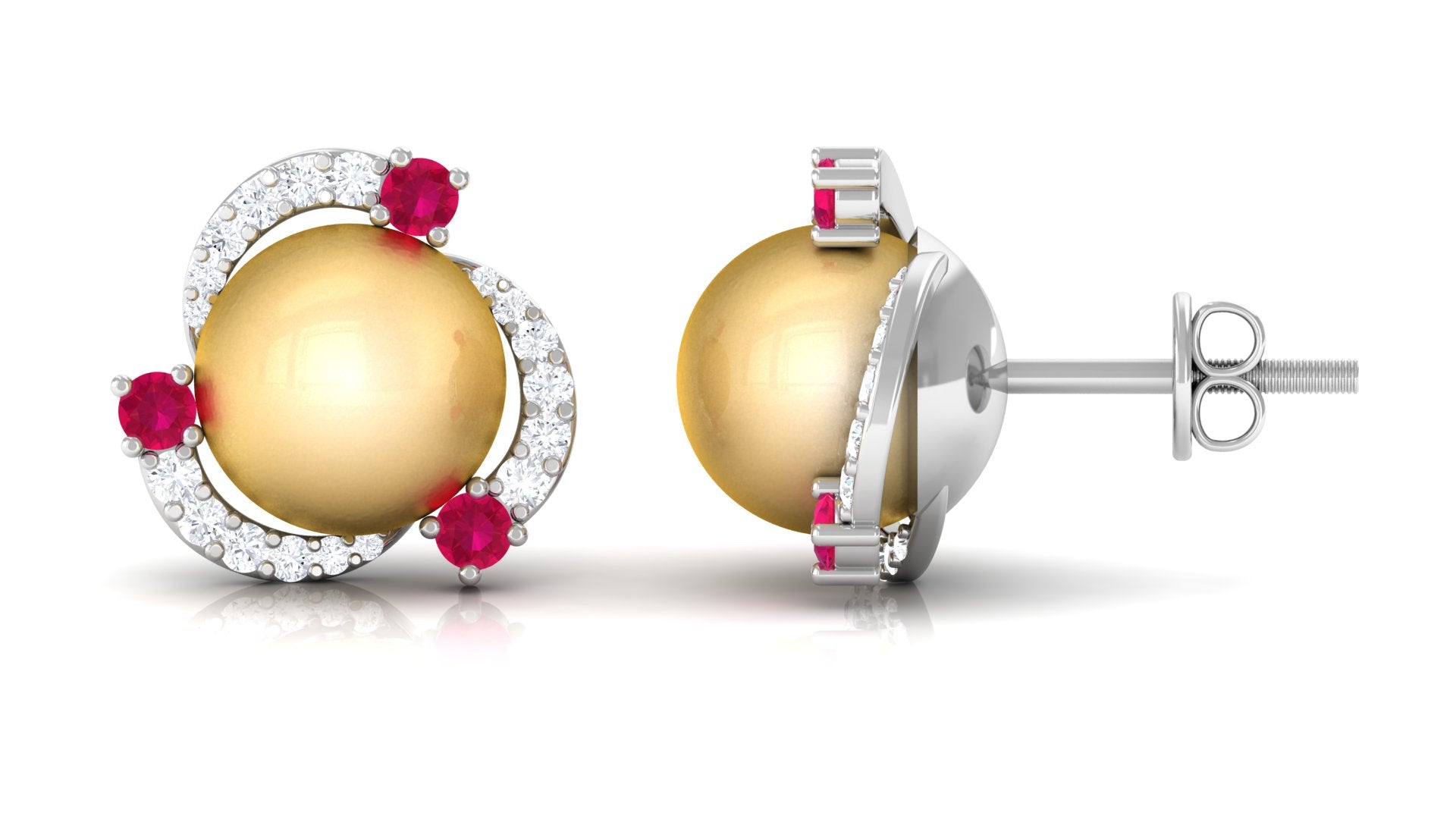 Round South Sea Pearl Swirl Stud Earrings with Ruby and Diamond South Sea Pearl-AAAA Quality - Arisha Jewels