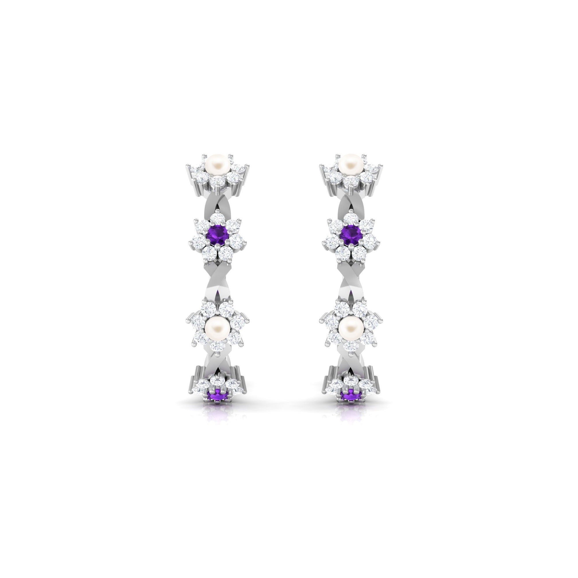 Floral Pearl Hoop Earrings with Amethyst and Diamond Freshwater Pearl-AAAA Quality - Arisha Jewels