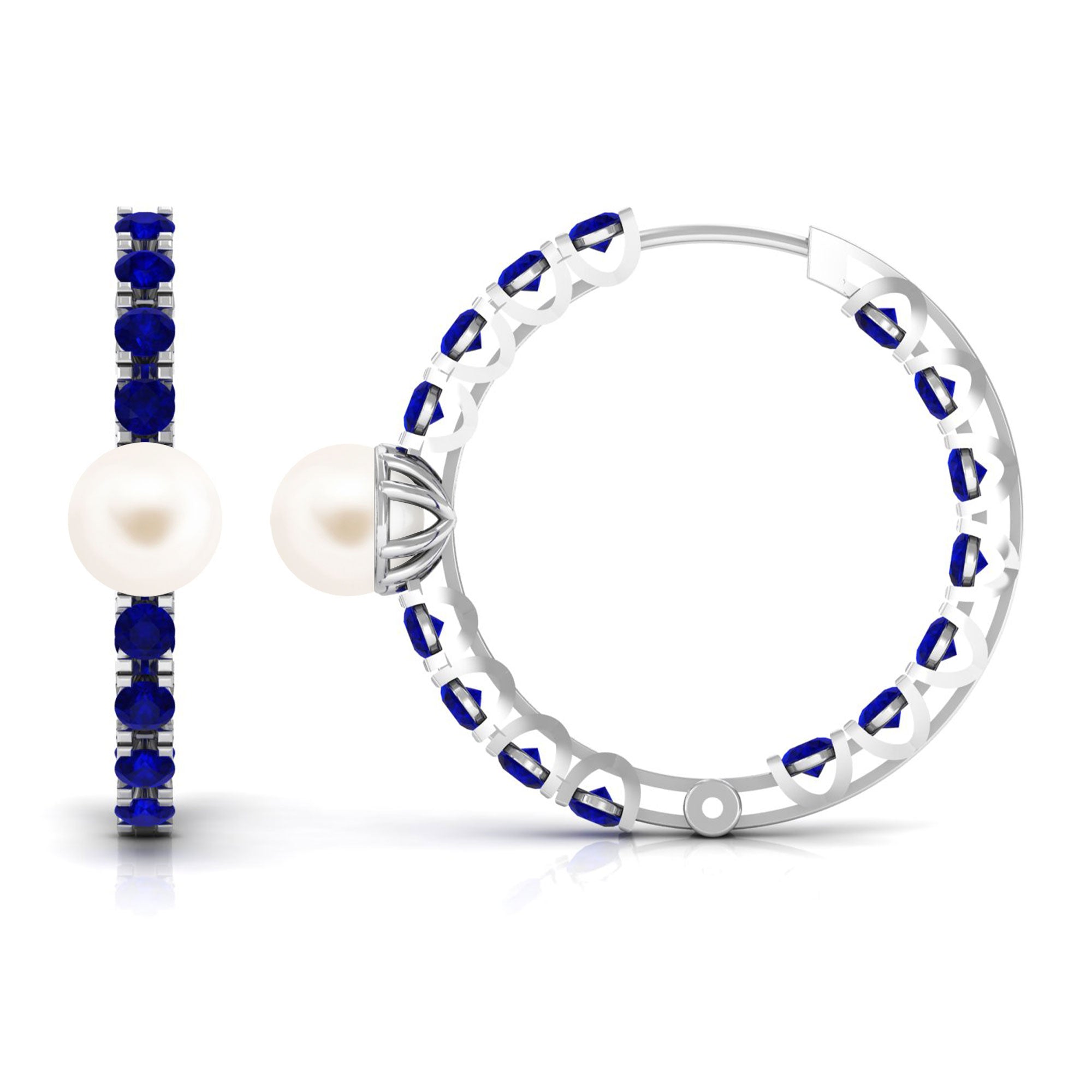 Freshwater Pearl Hoop Earrings with Blue Sapphire Freshwater Pearl-AAAA Quality - Arisha Jewels