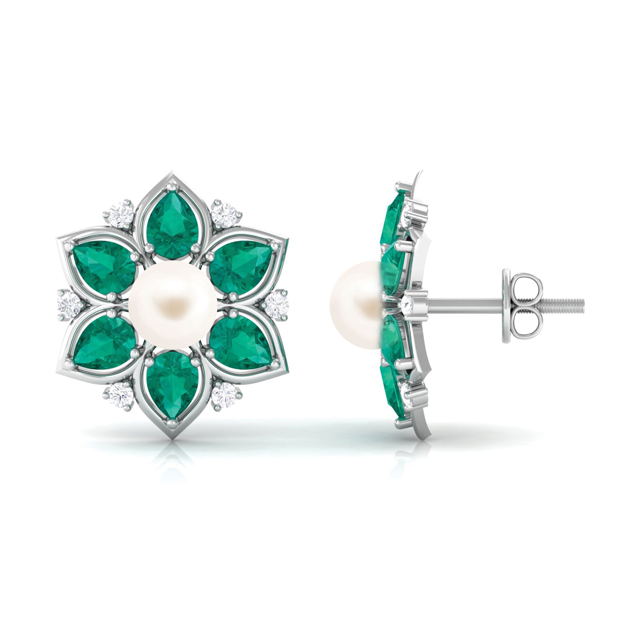 Flower Inspired Freshwater Pearl Stud Earrings with Emerald Freshwater Pearl-AAA Quality 5 MM - Arisha Jewels