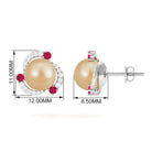 Round South Sea Pearl Swirl Stud Earrings with Ruby and Diamond South Sea Pearl-AAA Quality - Arisha Jewels