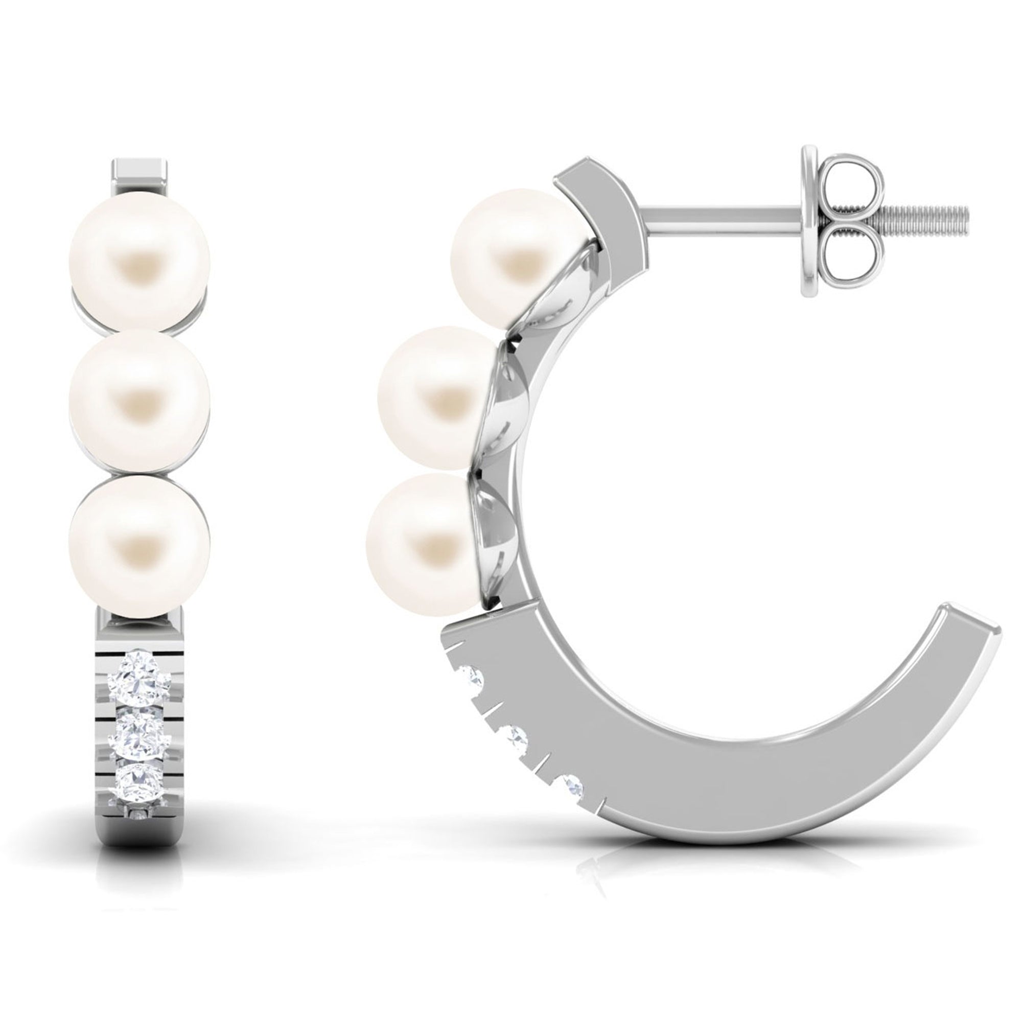 Classic Freshwater Pearl Half Hoop Earrings with Diamond Freshwater Pearl-AAA Quality - Arisha Jewels