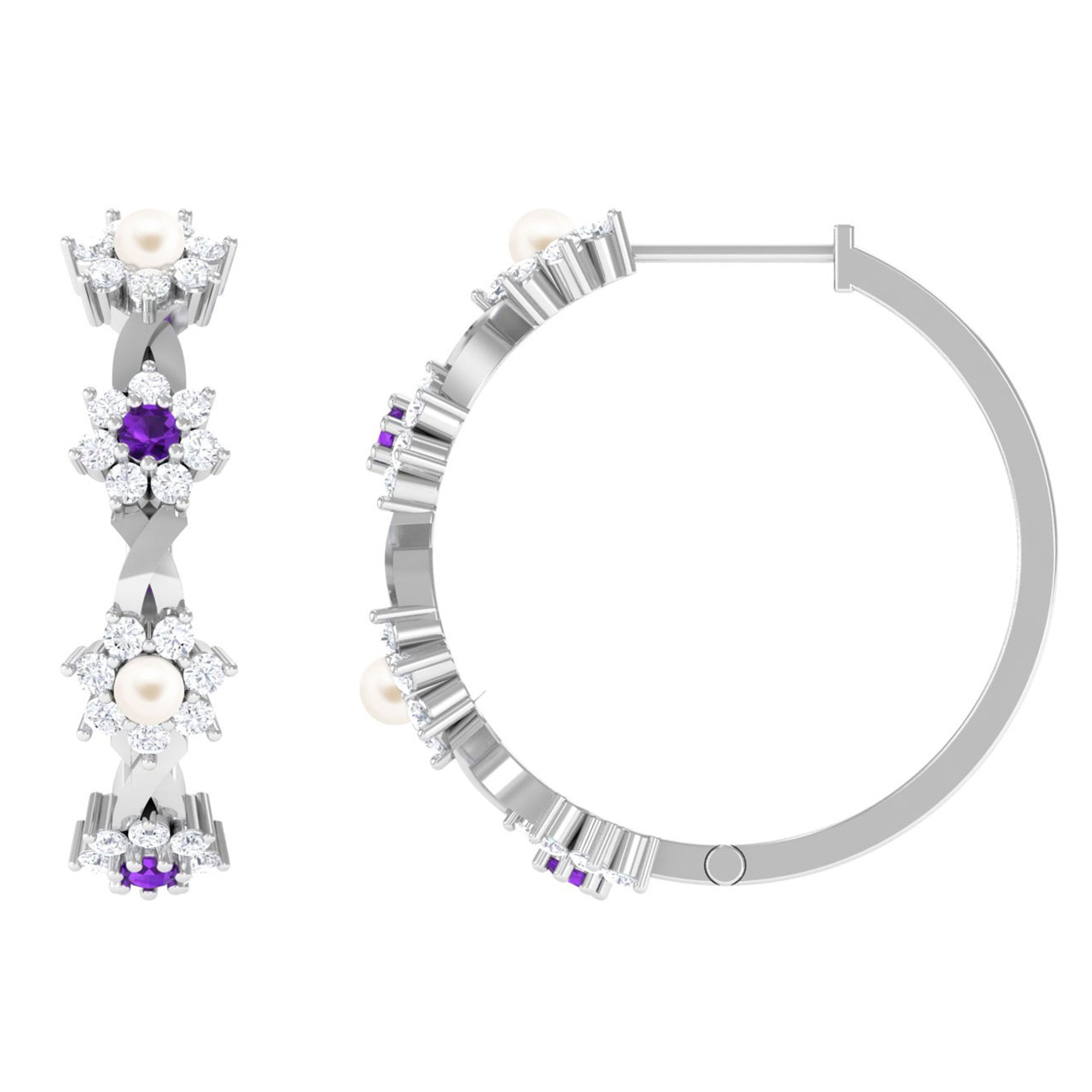 Floral Pearl Hoop Earrings with Amethyst and Diamond Freshwater Pearl-AAA Quality - Arisha Jewels